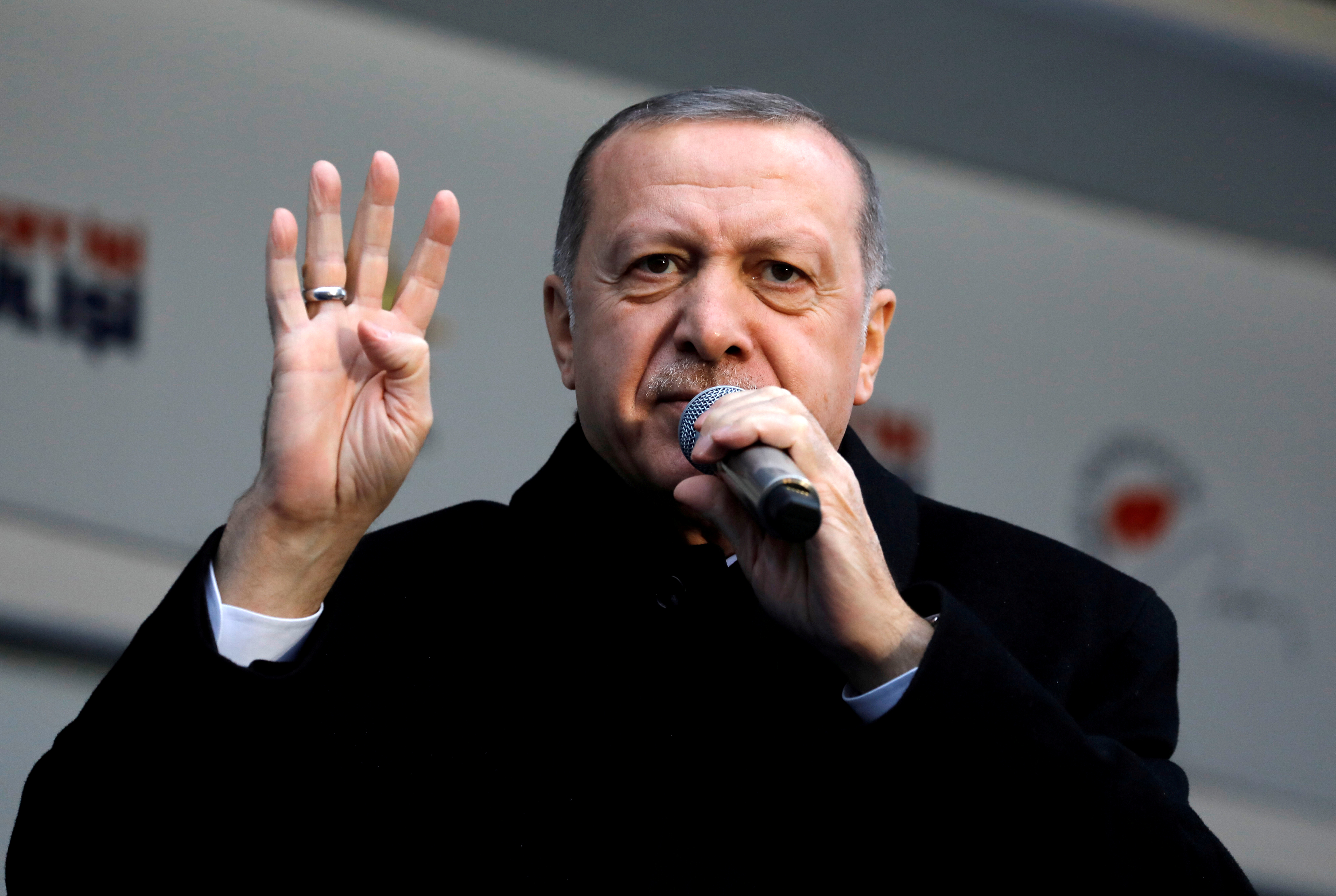 Turkish President Tayyip Erdogan addresses his supporters during a rally for the upcoming local elections in Istanbul, Turkey, February 16, 2019. REUTERS/Umit Bektas/File Photo