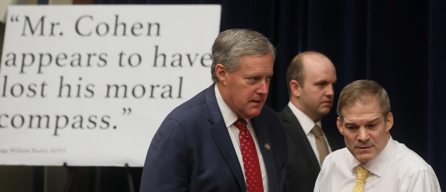 Republican U.S. Representatives Mark Meadows (R-NC) and Jim Jordan (R-OH)  stand together prior to the arrival of former Trump personal attorney Michael Cohen to testify at a House Committee on Oversight and Reform hearing on Capitol Hill in Washington, U.S., February 27, 2019. REUTERS/Jonathan Ernst