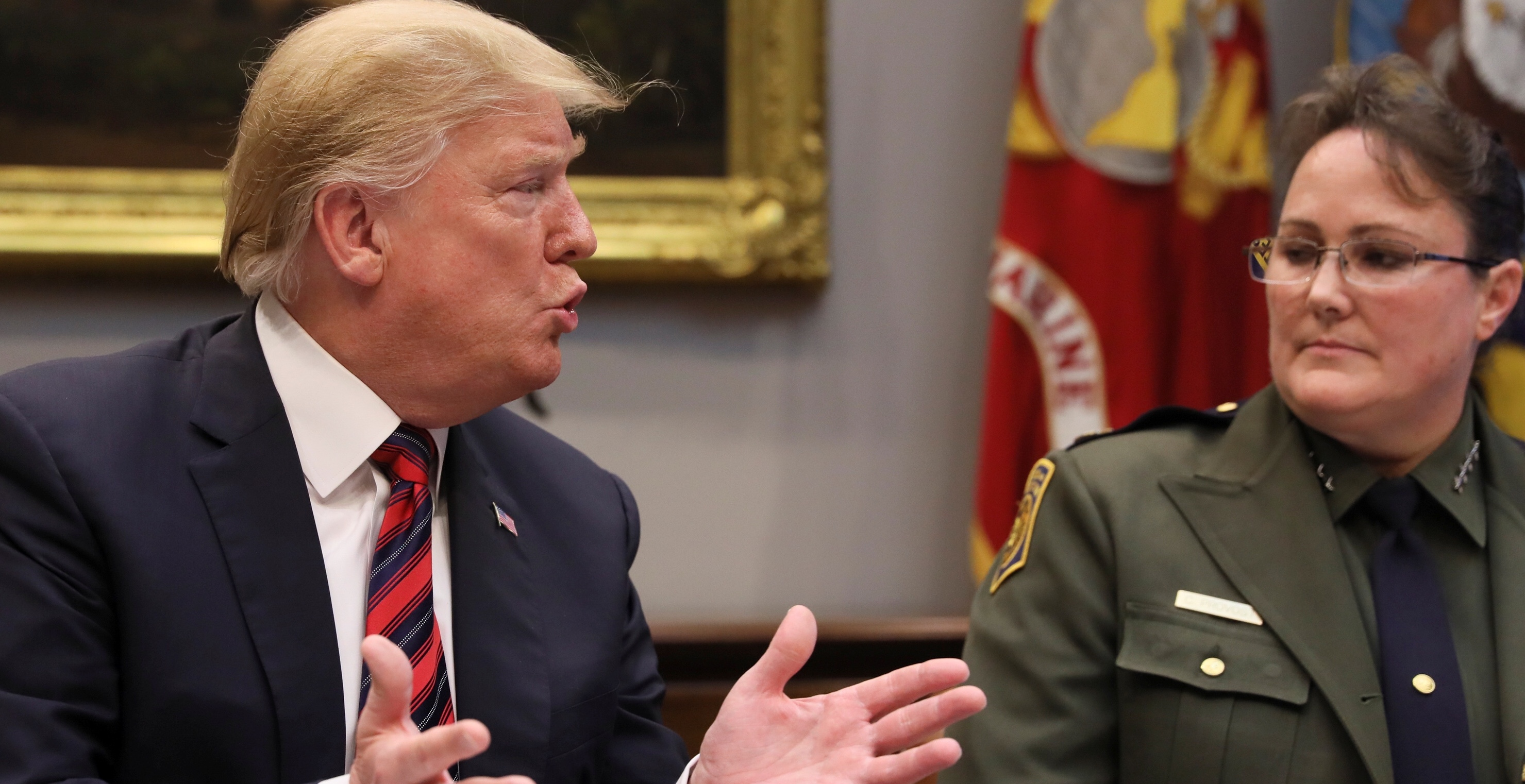 U.S. President Donald Trump speaks next to Chief of U.S. Border Patrol Carla Provost during a briefing on "drug trafficking on the southern border" in the Roosevelt Room at the White House in Washington, U.S., March 13, 2019. REUTERS/Jonathan Ernst