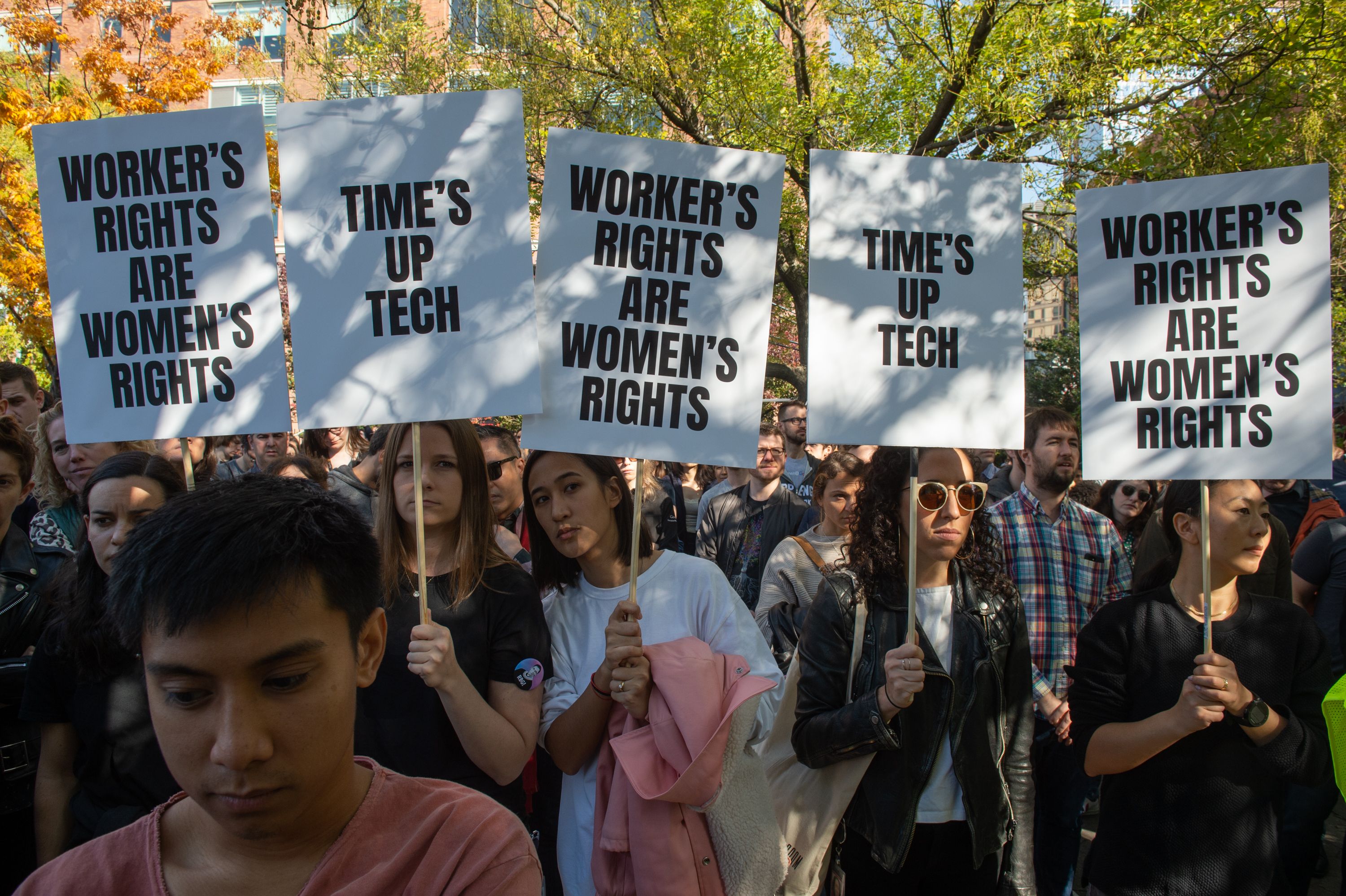Google employees stage a walkout on November 1, 2018, in New York, over sexual harassment ... (Photo credit should read BRYAN R. SMITH/AFP/Getty Images)