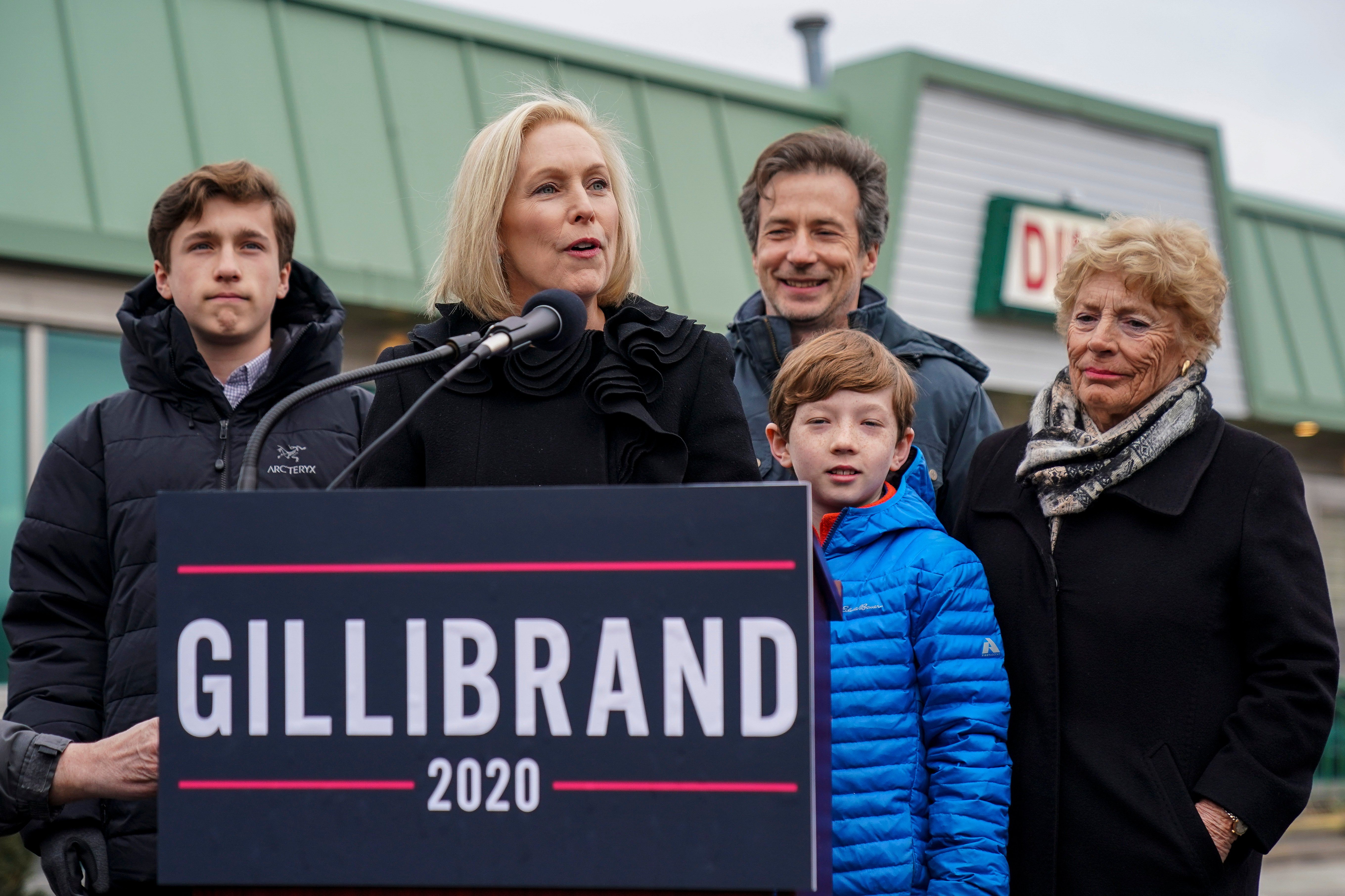 Surrounded by her family, Sen. Kirsten Gillibrand announces that she will run for president in 2020 outside the Country View Diner, January 16, 2019 in Troy, New York. (Photo by Drew Angerer/Getty Images)