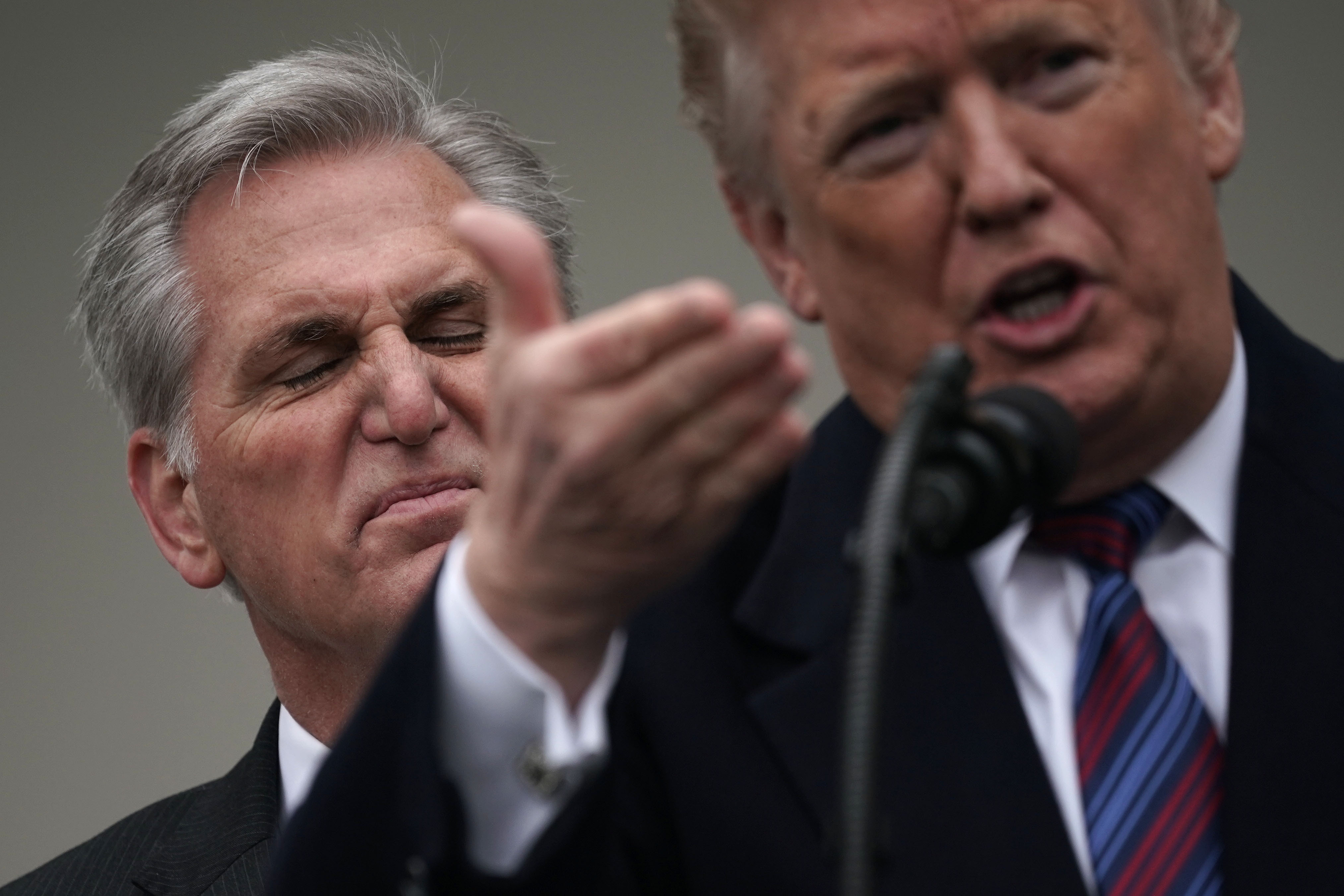 U.S. President Donald Trump (R) speaks as he joined by Rep. Kevin McCarthy (L) in the Rose Garden of the White House on January 4, 2019 in Washington, DC. Trump hosted both Democratic and Republican lawmakers at the White House for the second meeting in three days as the government shutdown heads into its third week. (Photo by Alex Wong/Getty Images)
