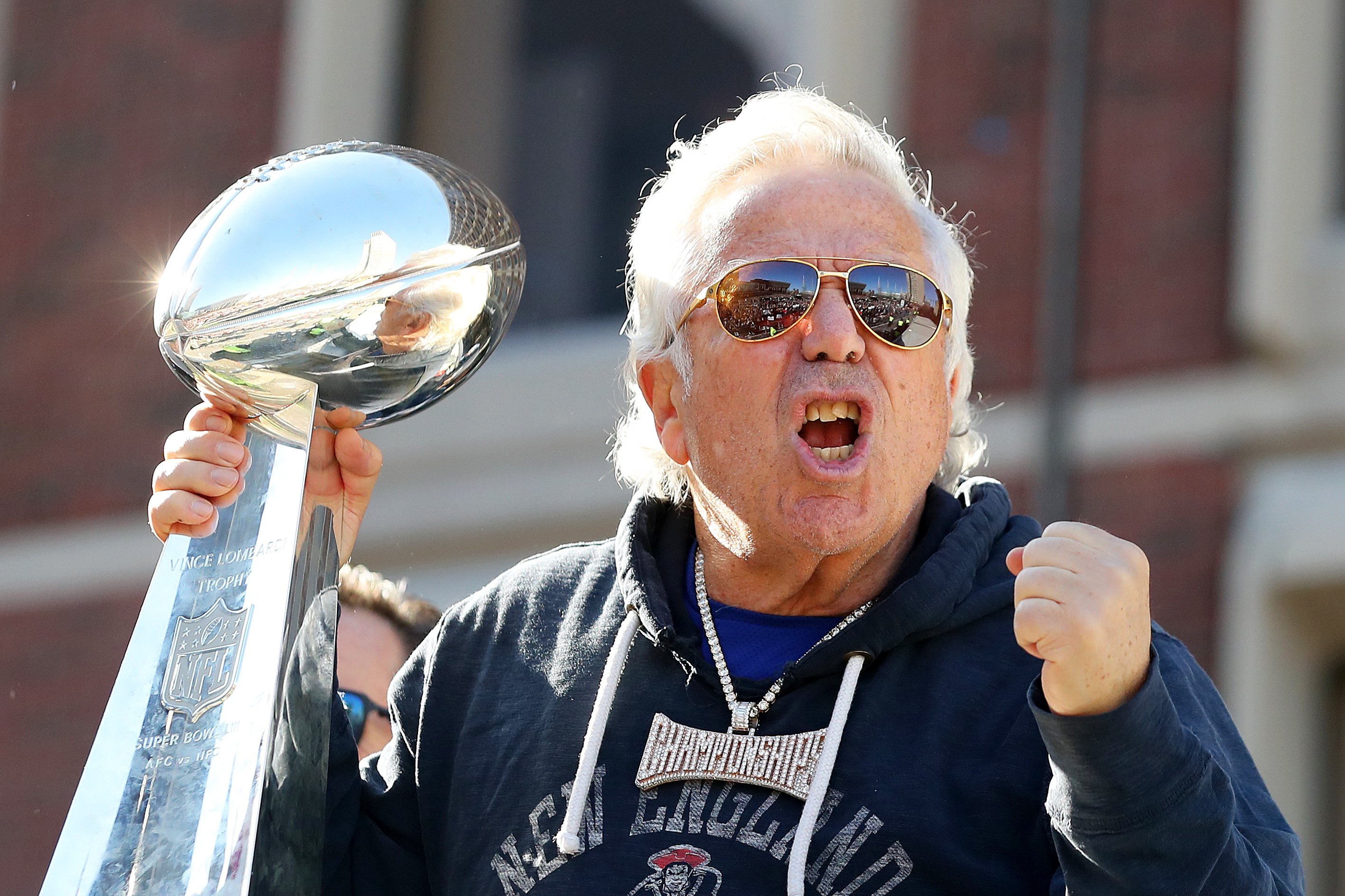 Patriots owner Robert Kraft celebrates on Cambridge street during the New England Patriots Victory Parade on February 05, 2019 in Boston, Massachusetts. (Photo by Maddie Meyer/Getty Images)