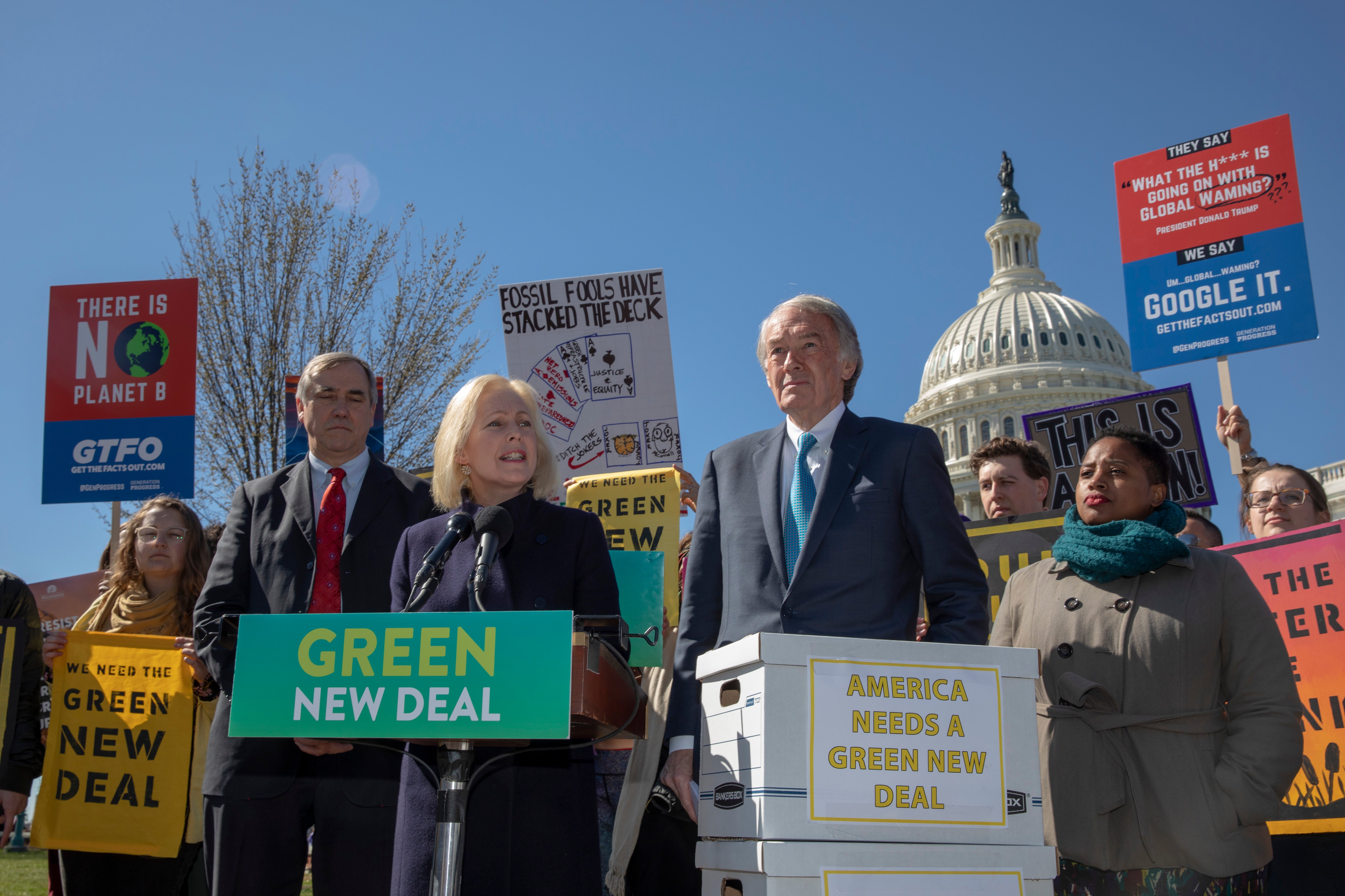 Senator Kirsten Gillibrand speaks on Capitol Hill on March 26, 2019 in Washington, DC. Protesters called for climate action in Congress and to blast Republicans for blocking real action on climate change. (Photo by Tasos Katopodis/Getty Images)