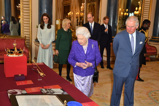 Catherine, Duchess of Cambridge, Camilla, Duchess of Cornwall, Prince William, Duke of Cambridge, Prince Harry, Duke of Sussex, Queen Elizabeth II and Prince Charles, Prince of Wales attend a reception to mark the fiftieth anniversary of the investiture of the Prince of Wales at Buckingham Palace on March 5, 2019 in London, England. (Photo by Dominic Lipinski - WPA Pool/Getty Images)
