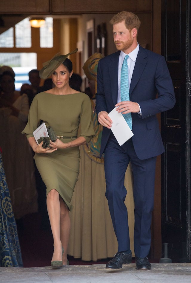The Duke and Duchess of Sussex depart after attending the christening of Prince Louis at the Chapel Royal, St James's Palace on July 09, 2018 in London, England. (Photo by Dominic Lipinski - WPA Pool/Getty Images)