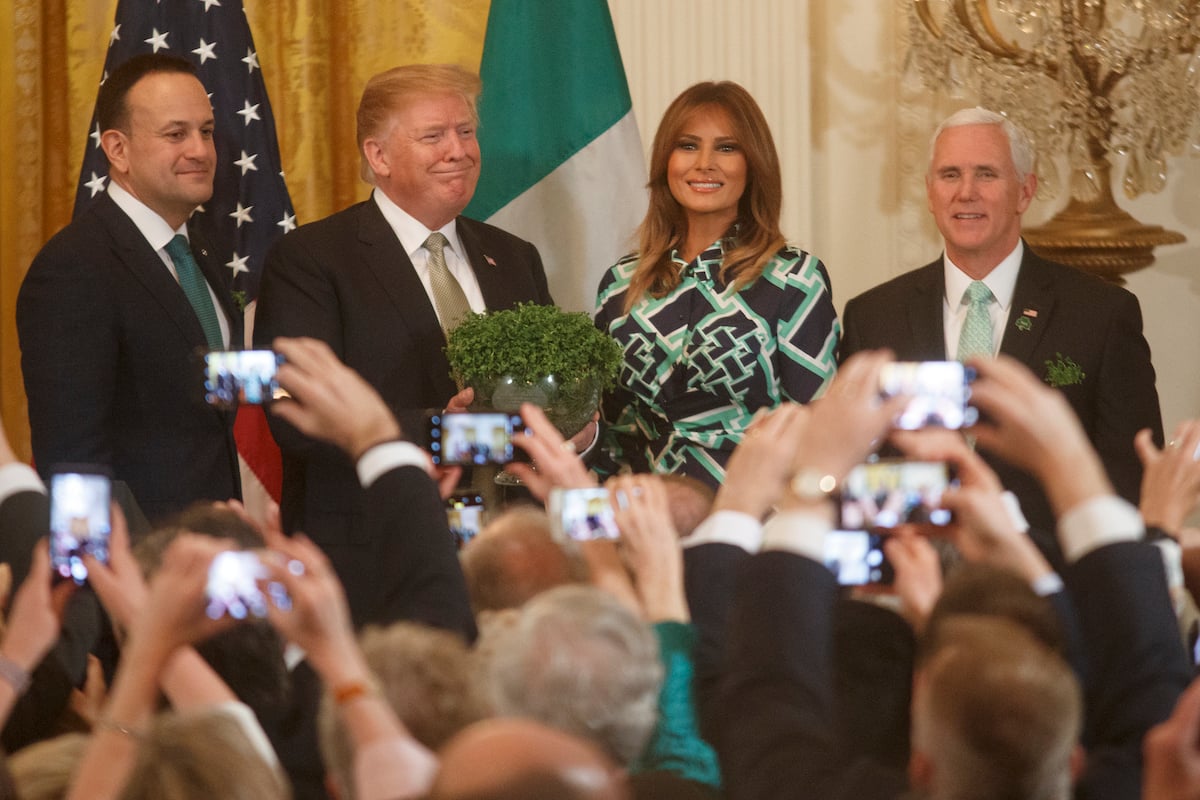Taoiseach Leo Varadkar of Ireland, President Donald Trump, First Lady Melania Trump, and Vice President Mike Pence pose for a photo during the Shamrock Bowl Presentation with Prime Minister of Ireland Leo Varadkar on March 14, 2019 at the White House in Washington, DC. (Photo by Tom Brenner/Getty Images)