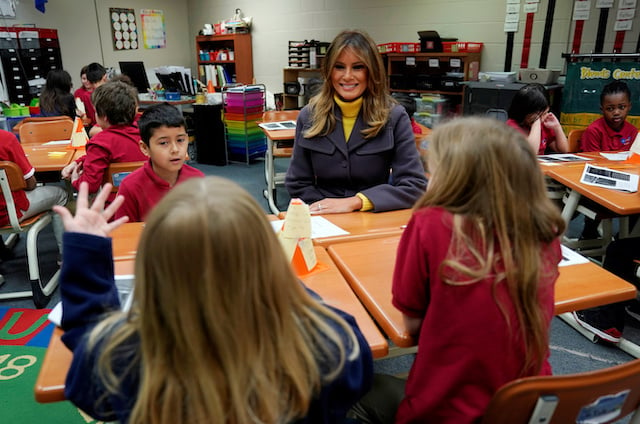U.S. first lady Melania Trump visits the Dove School of Discovery during a two-day, three-state tour promoting her "Be Best" initiative in Tulsa, Oklahoma, U.S., March 4, 2019. REUTERS/Kevin Lamarque