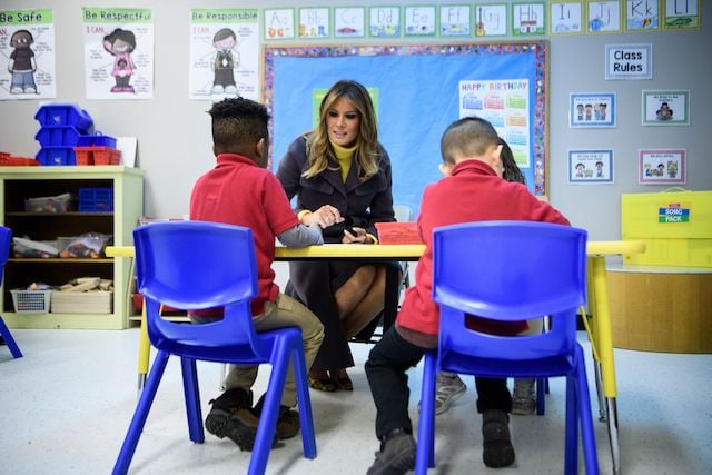 US First Lady Melania Trump visits a prekindergarten class at the Dove School of Discovery on March 4, 2019 in Tulsa, Oklahoma. - The First Lady is travelling to Oklahoma, Washington, and Nevada as part of her "Be Best" tour. (Photo credit: BRENDAN SMIALOWSKI/AFP/Getty Images)