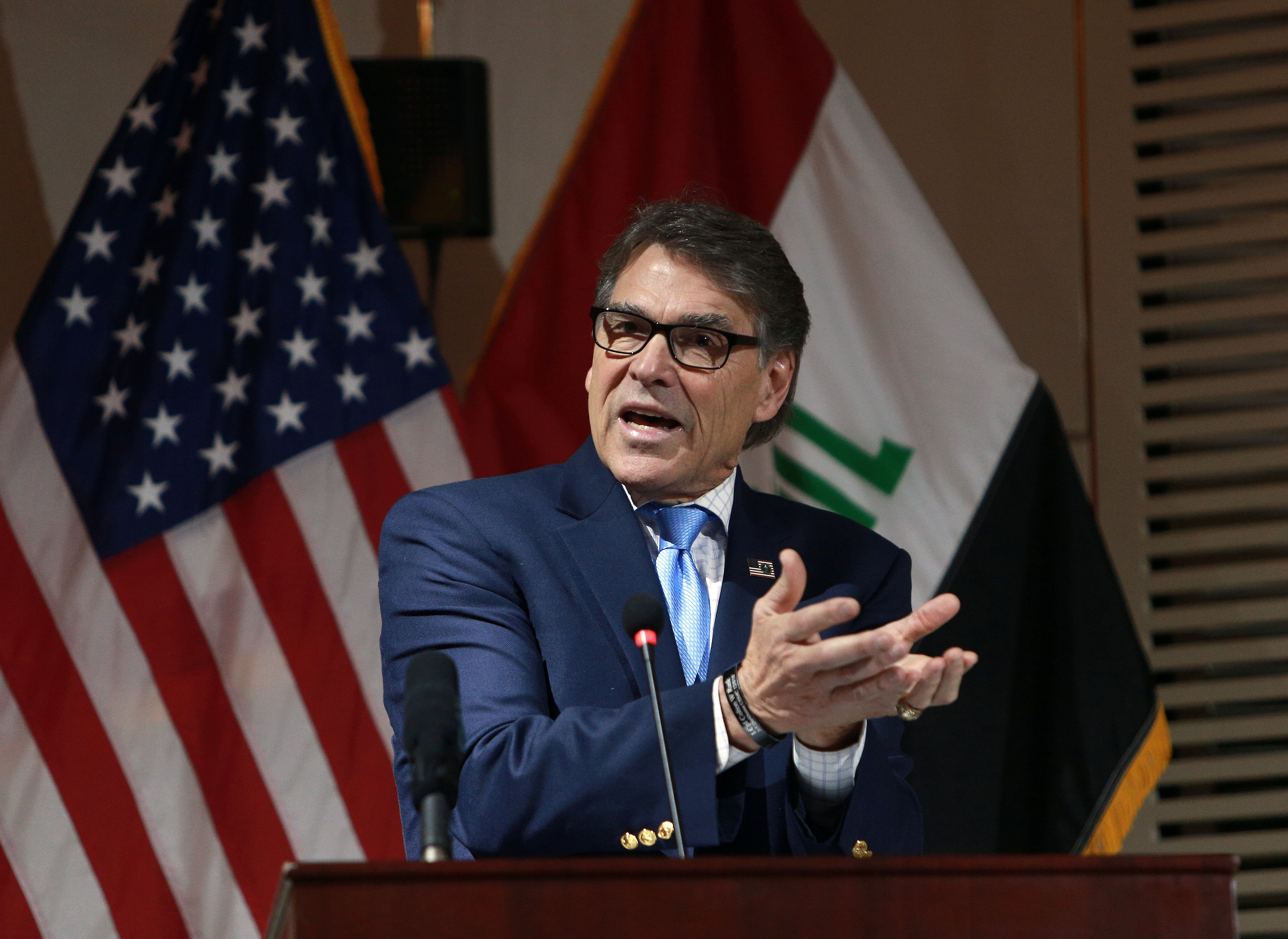 U.S. Energy Secretary Rick Perry gestures during a press conference in Baghdad