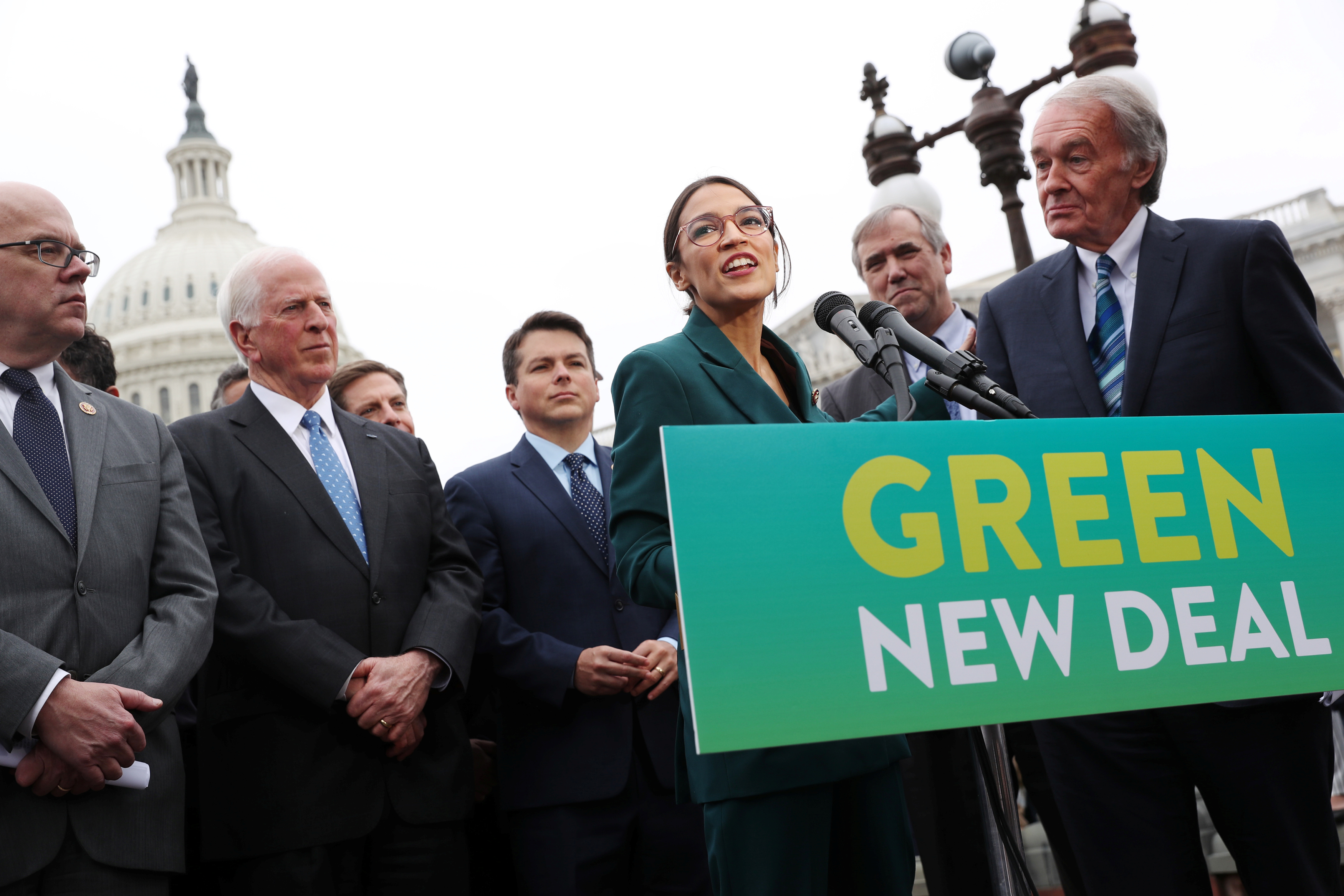 U.S. Representative Ocasio-Cortez and Senator Markey hold a news conference for their proposed "Green New Deal" at the U.S. Capitol in Washington