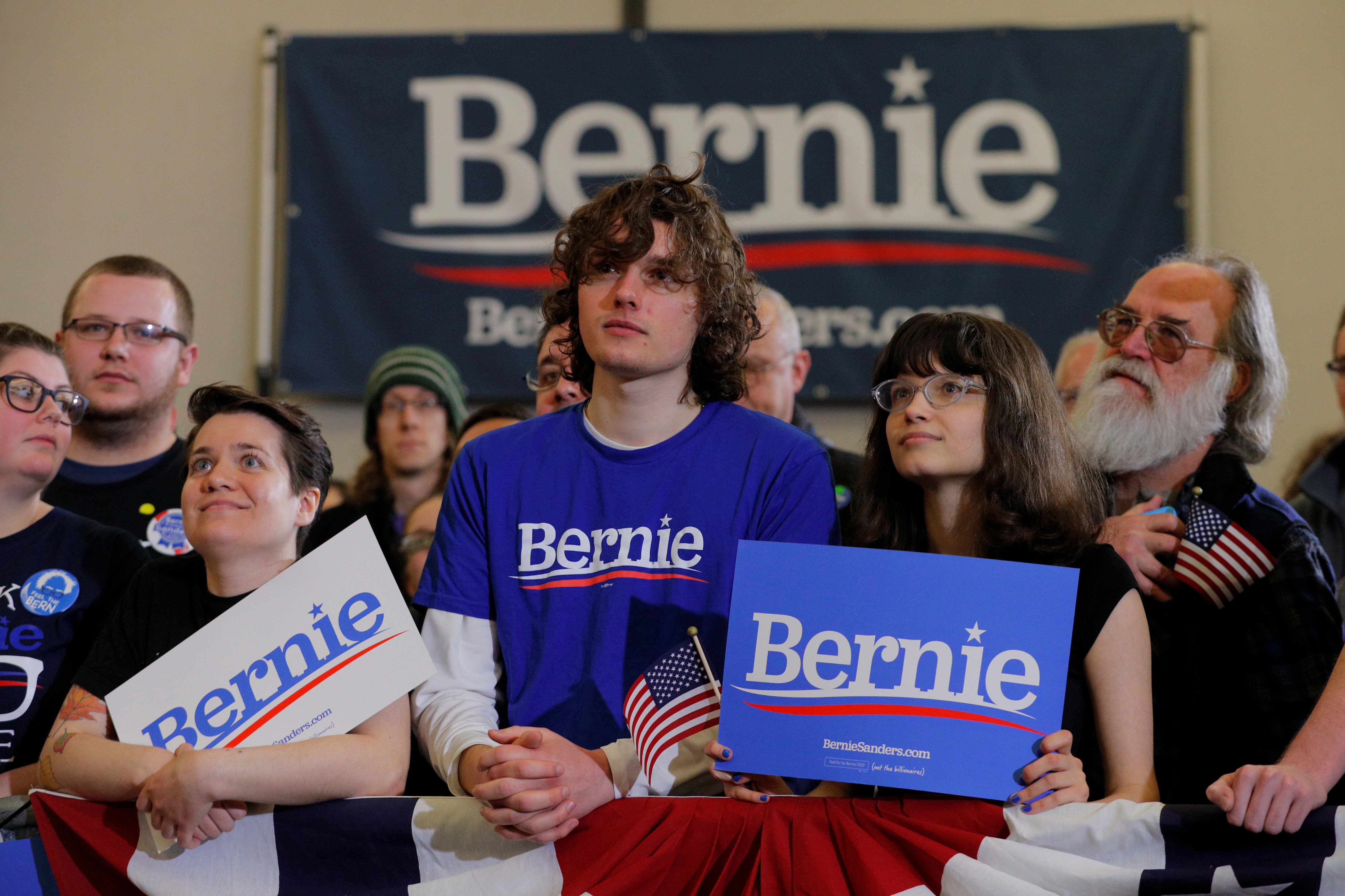 Supporters listen as Democratic 2020 U.S. presidential candidate Sanders is introduced in Concord