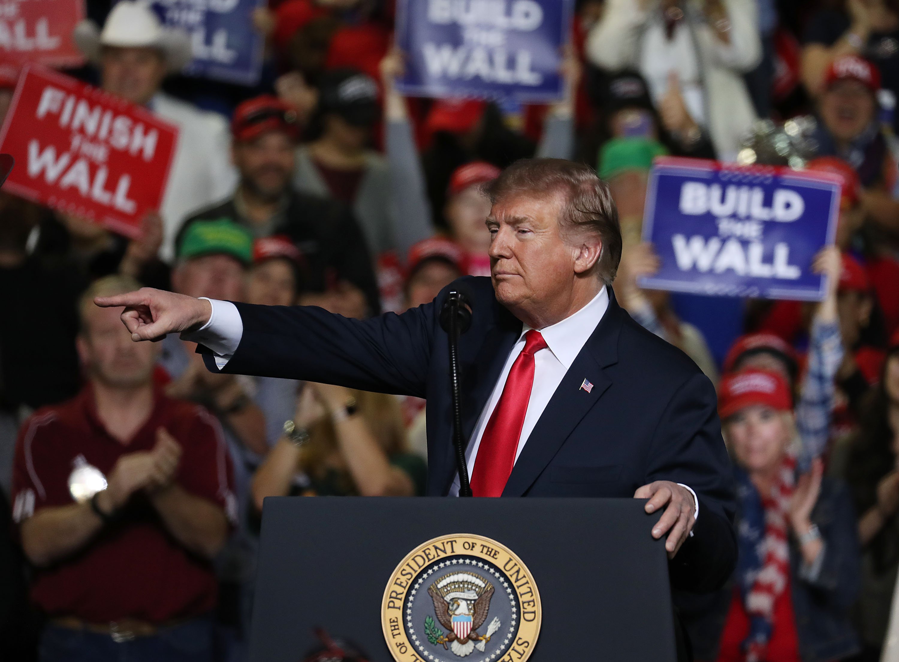 EL PASO, TEXAS - FEBRUARY 11: President Donald Trump speaks during a rally at the El Paso County Coliseum on February 11, 2019 in El Paso, Texas. U.S. President Donald Trump continues his campaign for a wall to be built along the border as the Democrats in Congress are asking for other border security measures. (Photo by Joe Raedle/Getty Images)