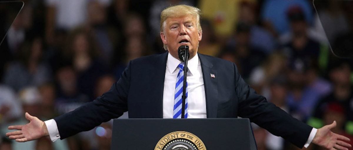 President Donald Trump speaks at a rally on August 21, 2018 in Charleston, West Virginia. Paul Manafort, a former campaign manager for Trump and a longtime political operative, was found guilty in a Washington court today of not paying taxes on more than $16 million in income and lying to banks where he was seeking loans. (Photo by Spencer Platt/Getty Images)