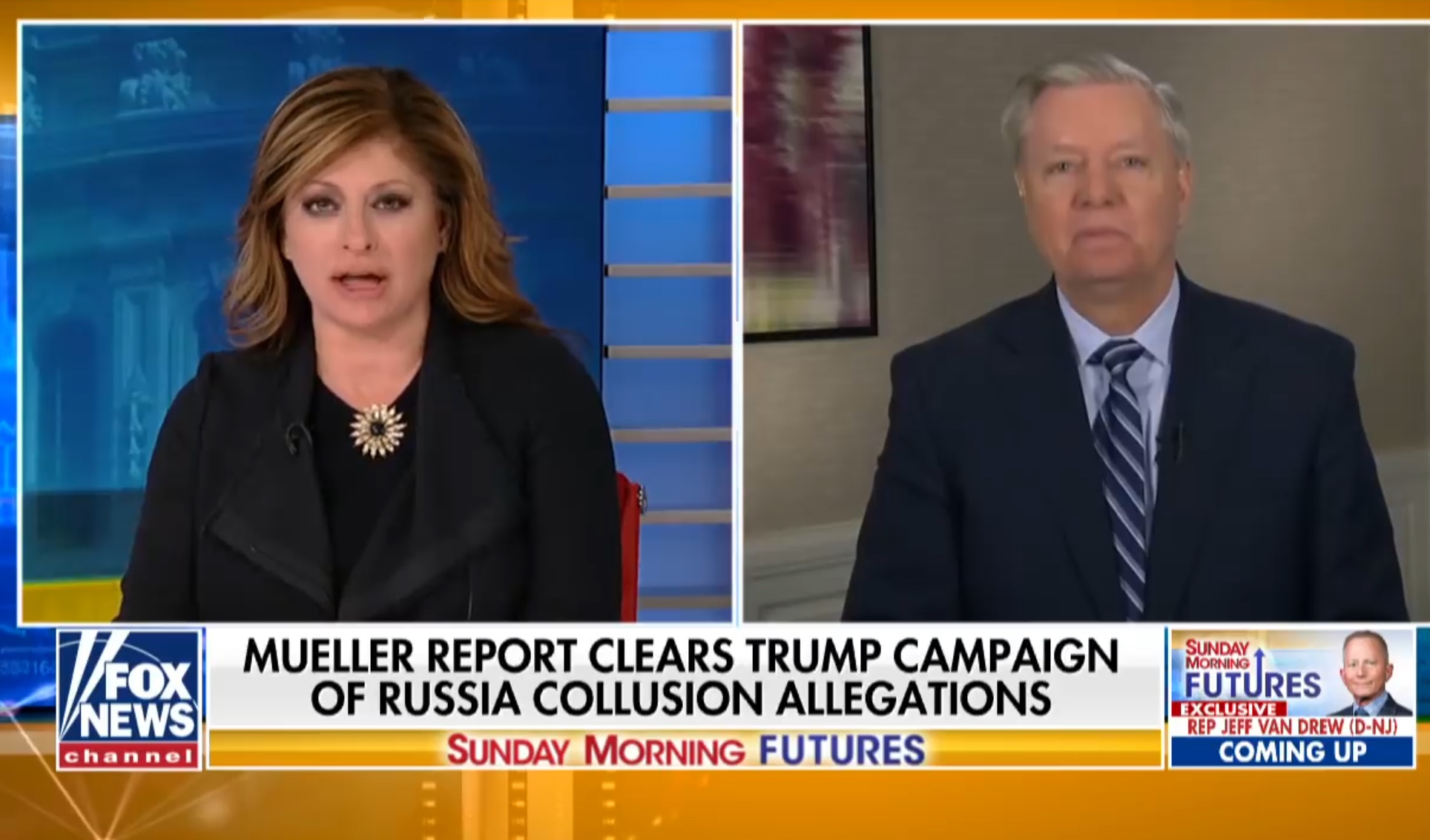 S.C. Republican Sen. Lindsey Graham appears on Fox News’ “Sunday Morning Futures” to discuss Clinton emails, March 31, 2019. YouTube screenshot
