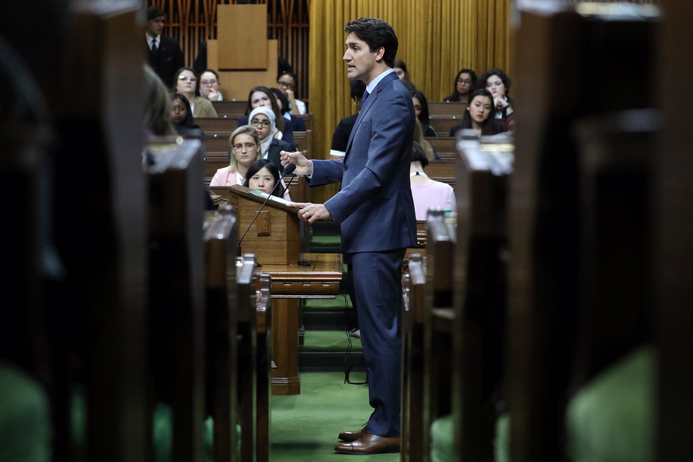 Canada's Prime Minister Justin Trudeau speaks during the Daughters of the Vote event in the House of Commons on Parliament Hill in Ottawa, Ontario, Canada, April 3, 2019. REUTERS/Chris Wattie 