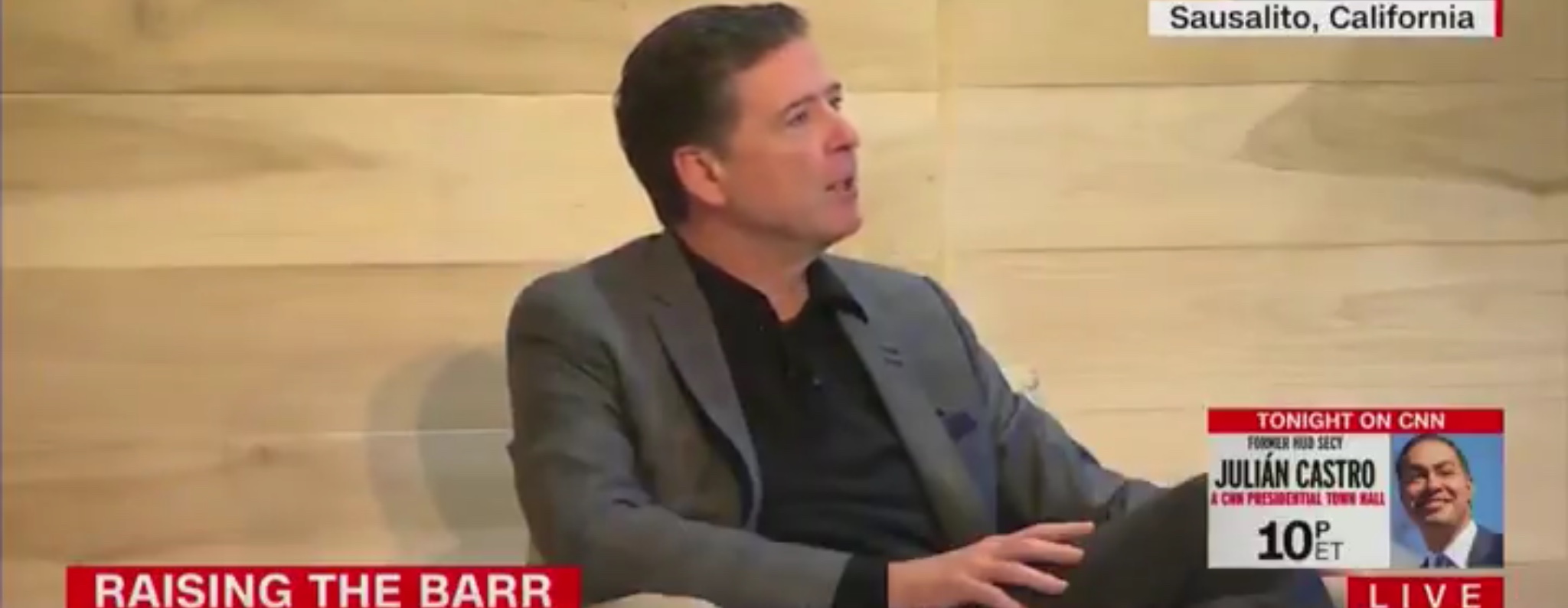 Former FBI Director James Comey talks to CNN about AG William Barr’s contention that the FBI was “spying” on the Trump election campaign, Apr. 11, 2019. CNN screencapture via Twitter.