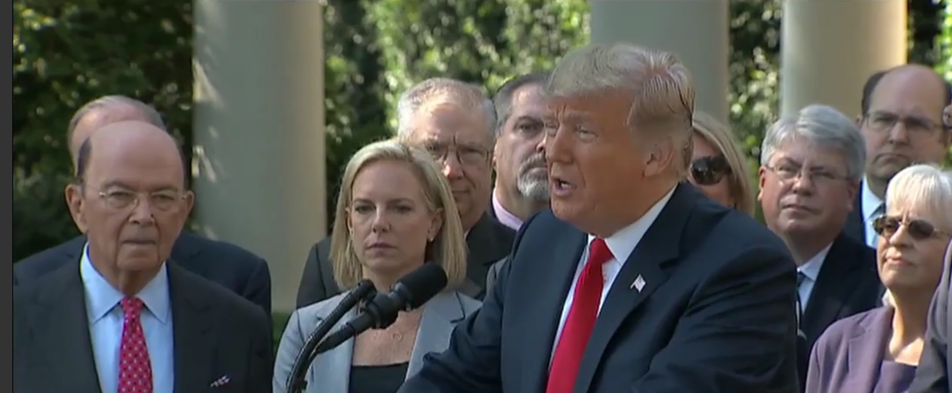 President Donald Trump and then-DHS Secretary Kirstjen Nielsen discuss the border crisis. Fox News screenshot, April 7, 2019.