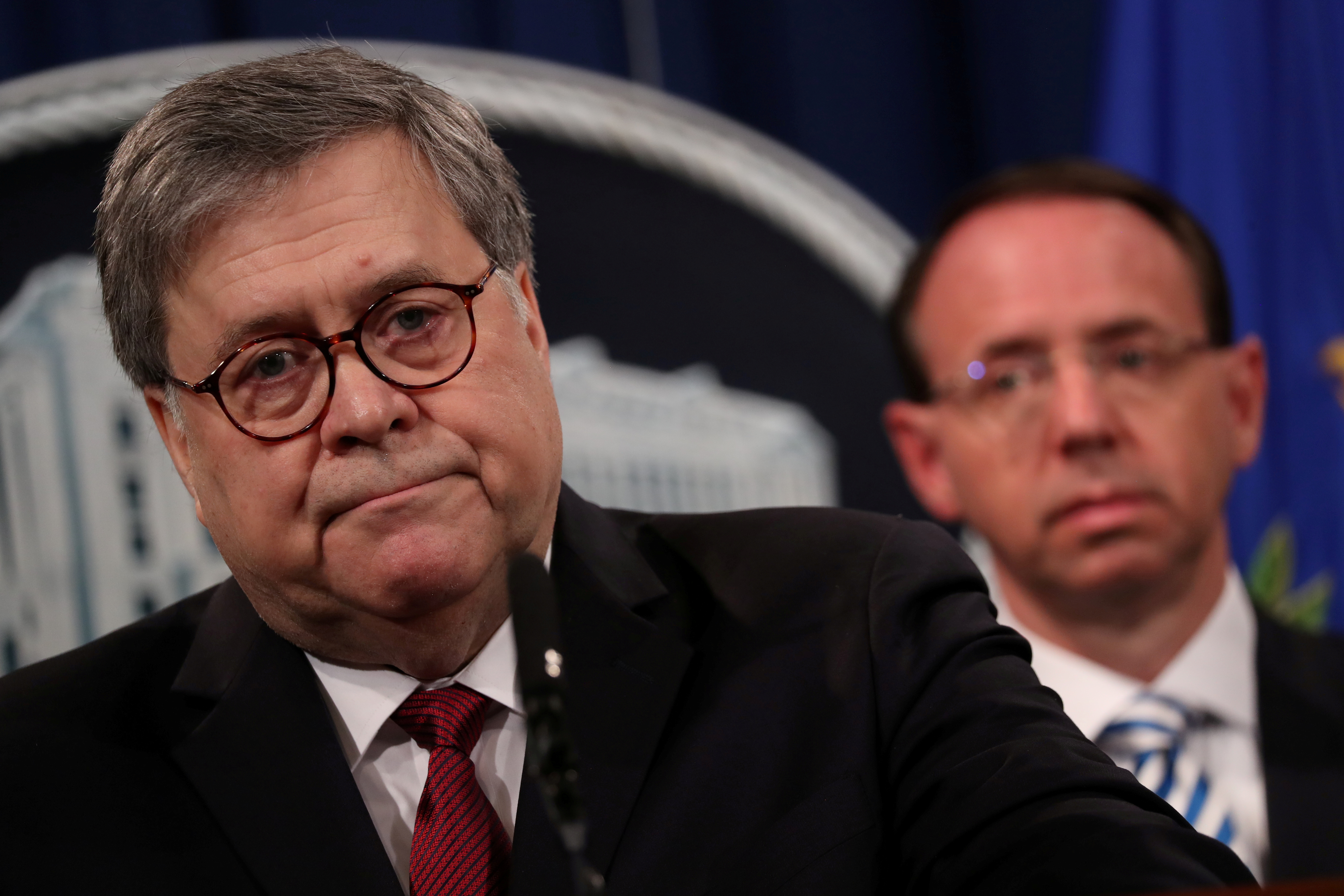 U.S. Attorney General William Barr, flanked by Deputy U.S. Attorney General Rod Rosenstein, speaks at a news conference to discuss Special Counsel Robert Mueller’s report on Russian interference in the 2016 U.S. presidential race, in Washington, U.S., April 18, 2019. REUTERS/Jonathan Ernst