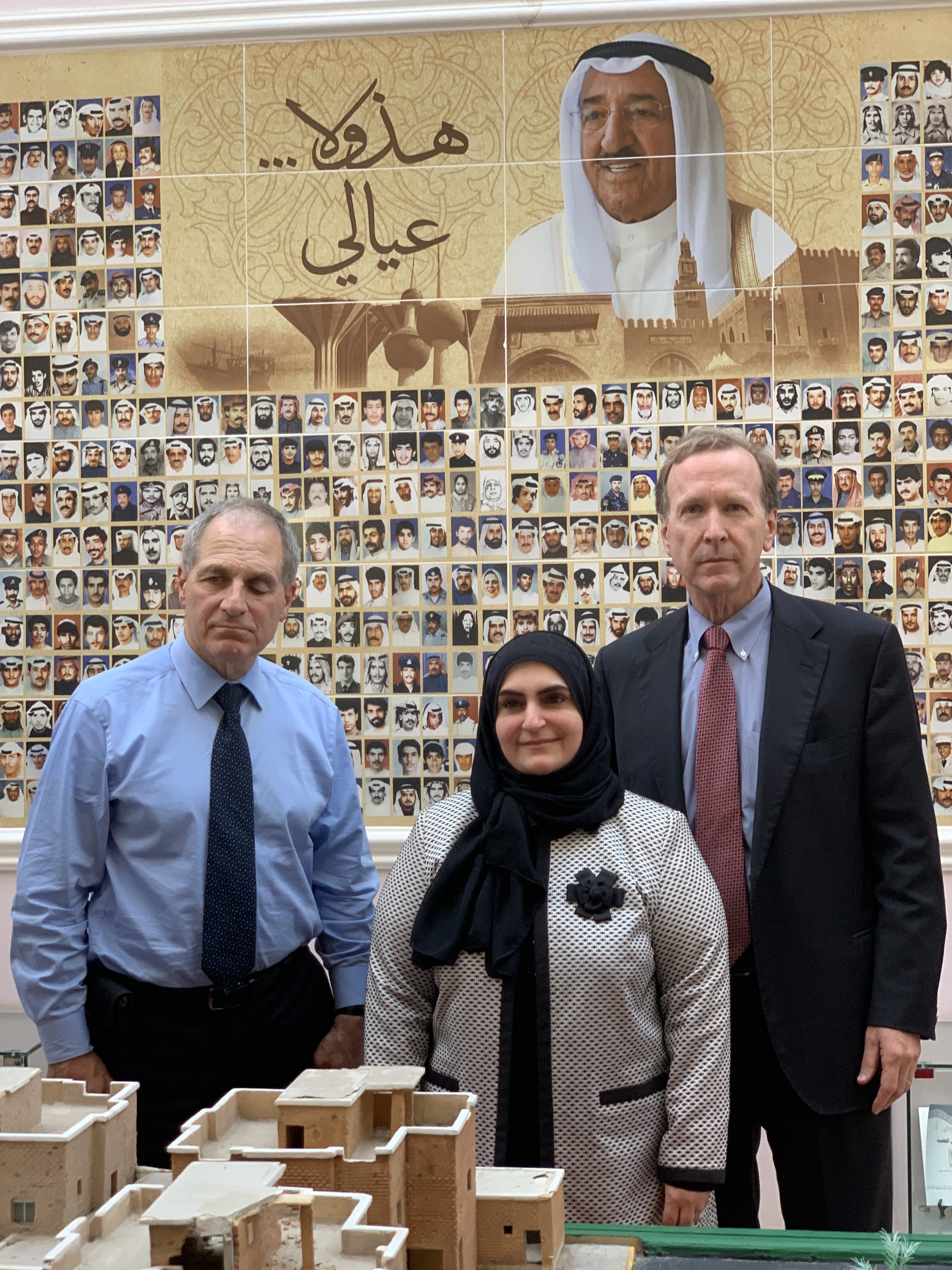 Ex-FBI Director Louis Freeh (L) and Neil Bush (R) visit the Al Qurain Martyrs Museum, a memorial to the Kuwait resistance to the Iraq invasion, on March 23, 2019. Courtesy KGL Investment