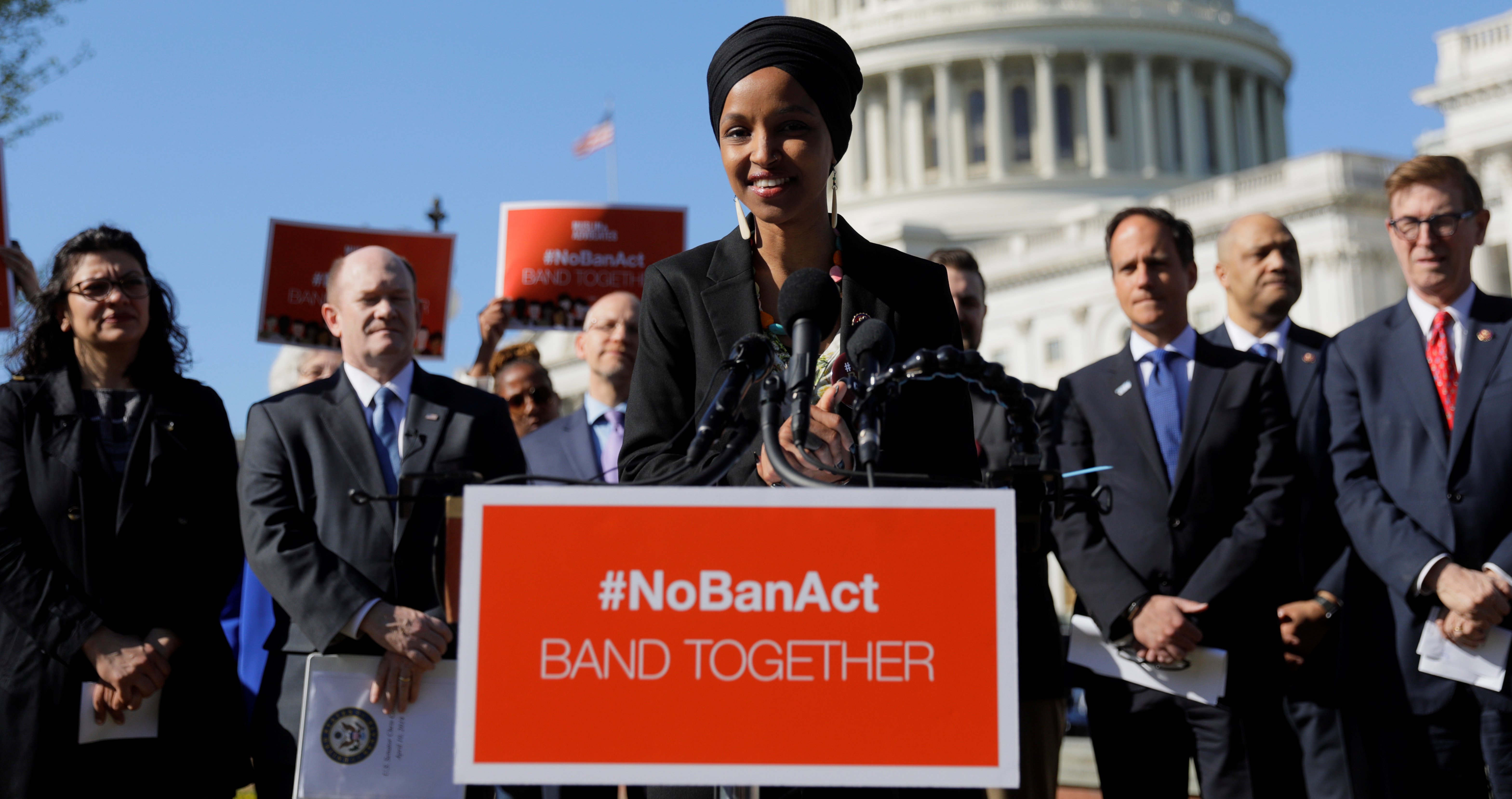 Rep. Ilhan Omar (D-MN) speaks about Trump administration policies towards Muslim immigrants at a news conference by members of the U.S. Congress "to announce legislation to repeal President Trumpís existing executive order blocking travel from majority Muslim countries" outside the U.S. Capitol in Washington, U.S., April 10, 2019. REUTERS/Jim Bourg