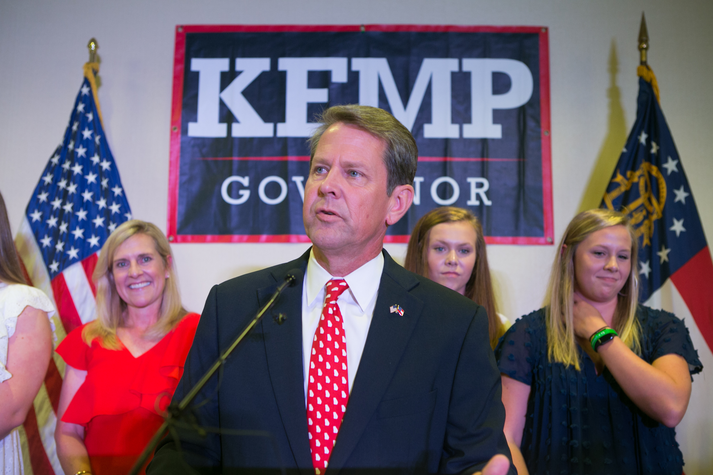 Secretary of State Brian Kemp addresses the audience and declares victory during an election watch party on July 24, 2018 in Athens, Georgia. (Photo by Jessica McGowan/Getty Images)