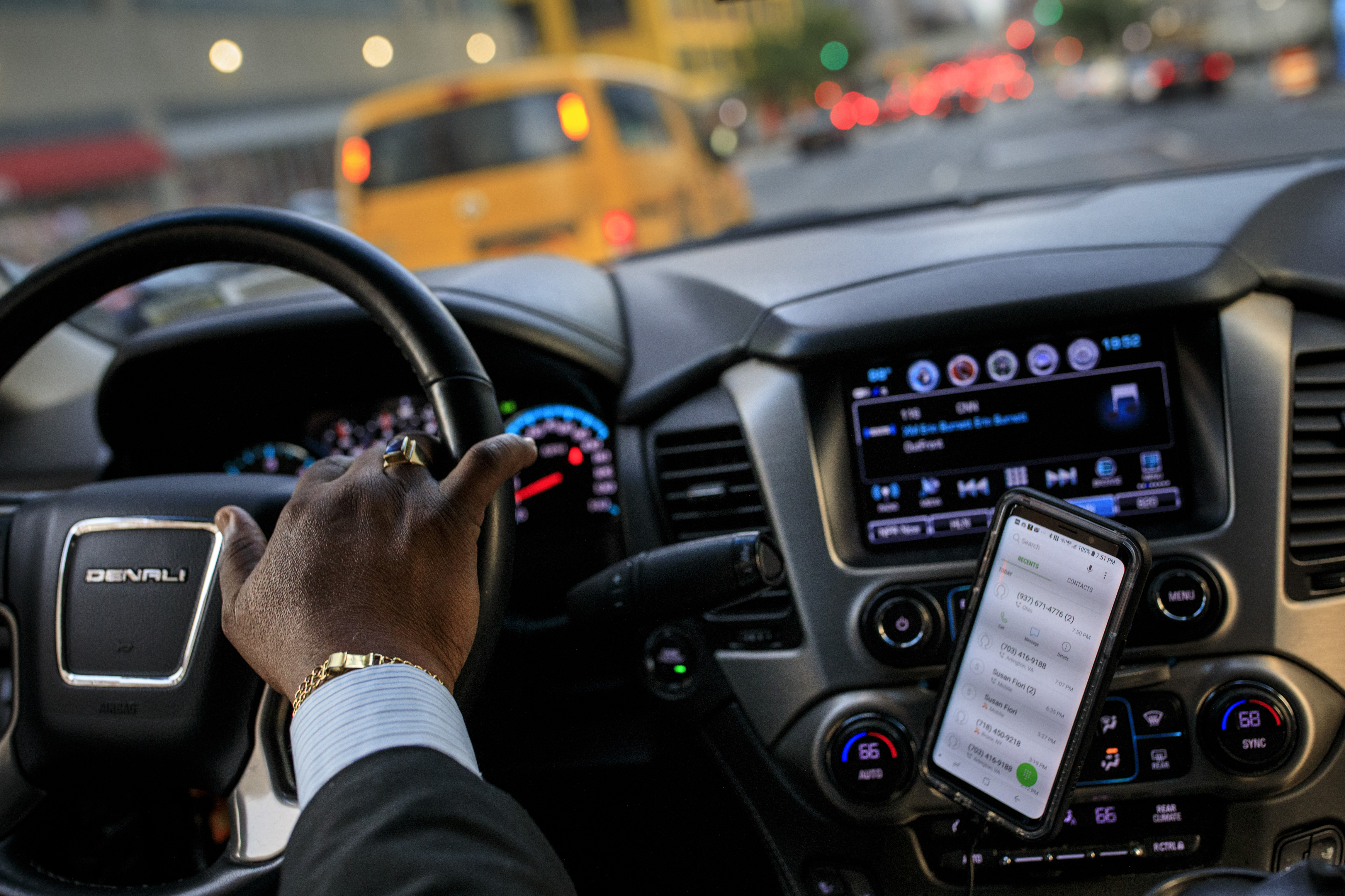 After dropping off passengers at a Broadway play, Johan Nijman, a for-hire driver who runs his own service and also drives for Uber on the side, drives through the West Side of Manhattan on Wednesday evening, August 8, 2018 in New York City. (Photo by Drew Angerer/Getty Images)