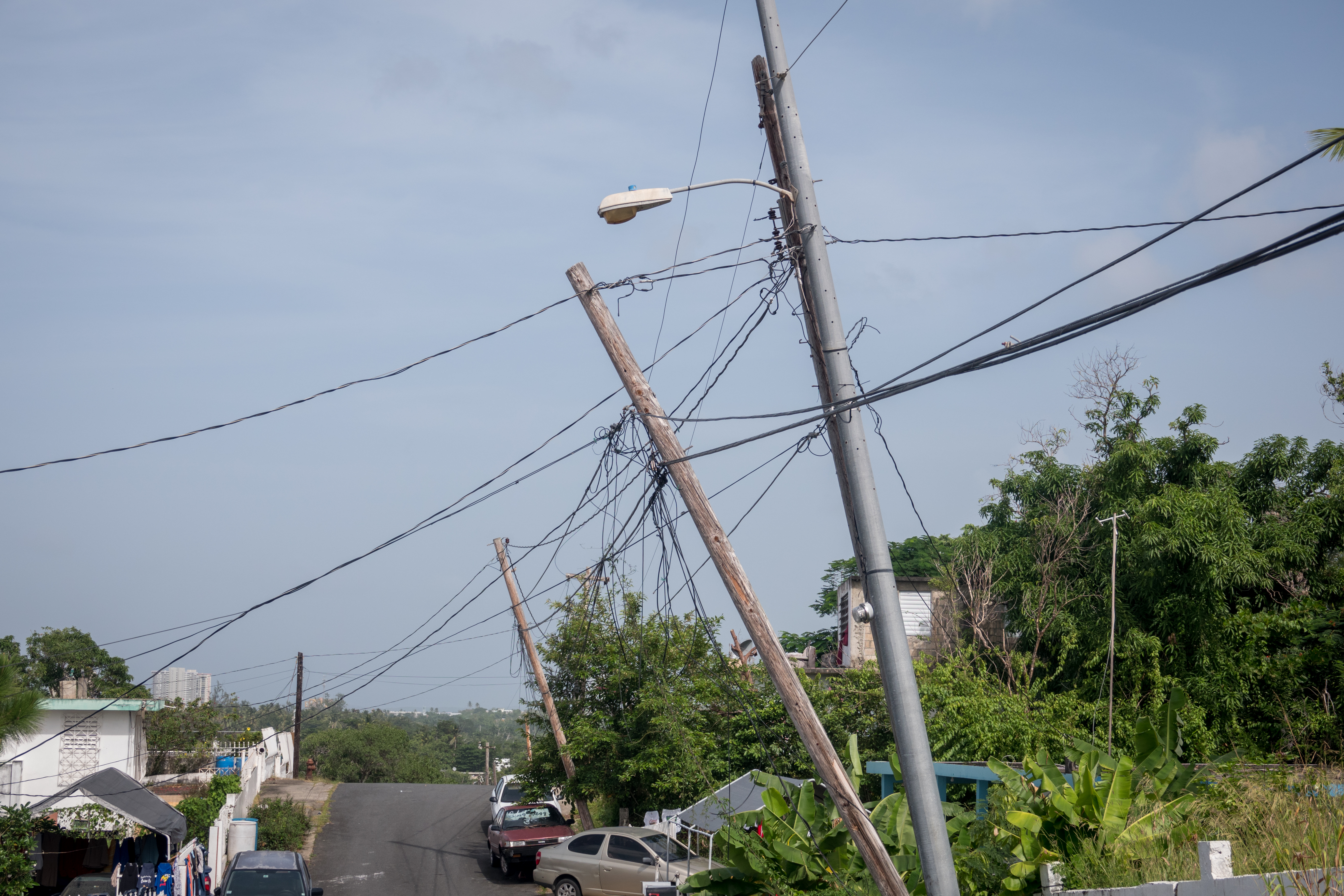 Light poles listing to the side since Hurricane Maria touched land, on September 19, 2018 in Luquillo, Puerto Rico. (Angel Valentin/Getty Images)