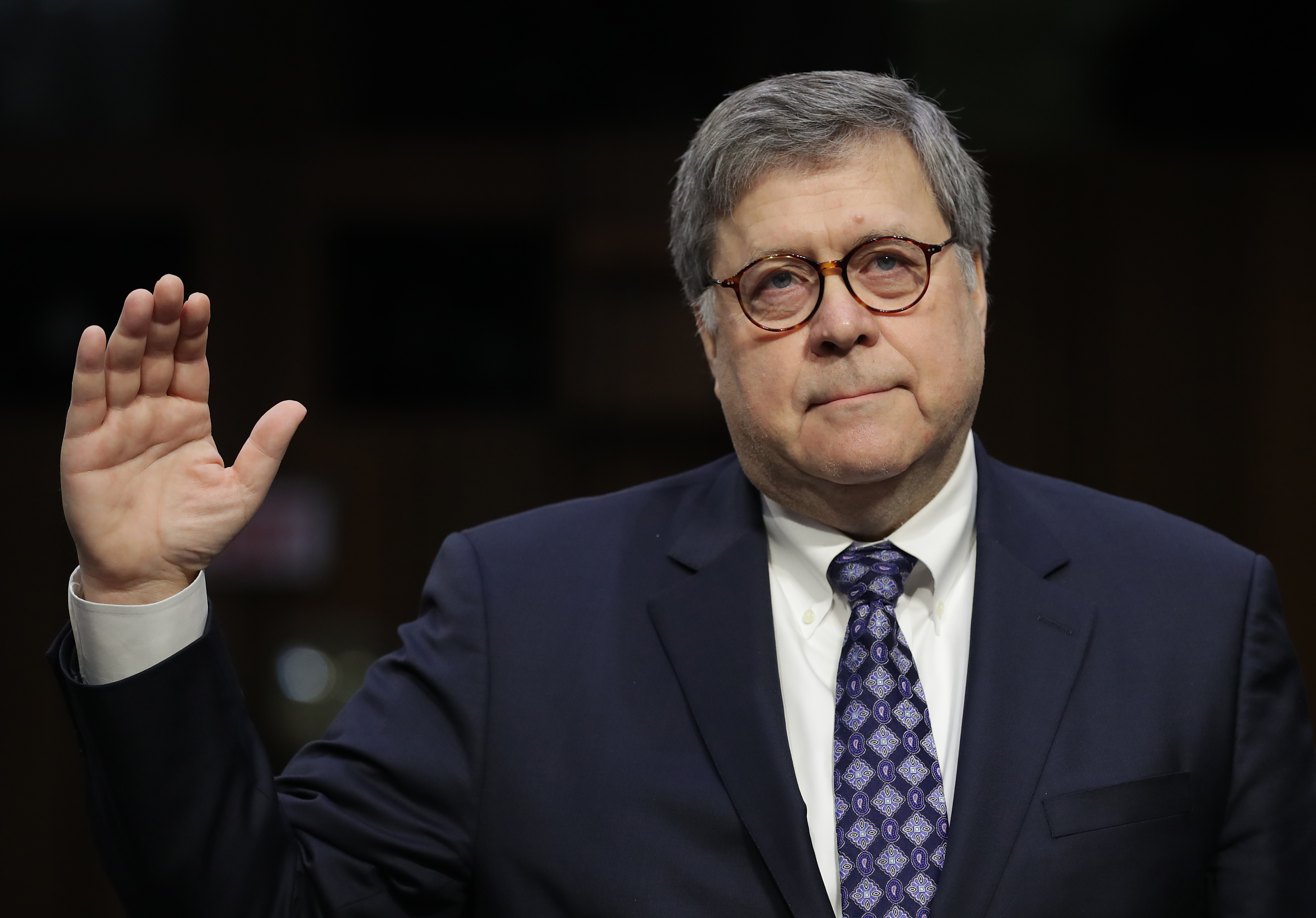 U.S. Attorney General nominee William Barr (C) is sworn in prior to testifying at his confirmation hearing before the Senate Judiciary Committee (Photo by Chip Somodevilla/Getty Images)