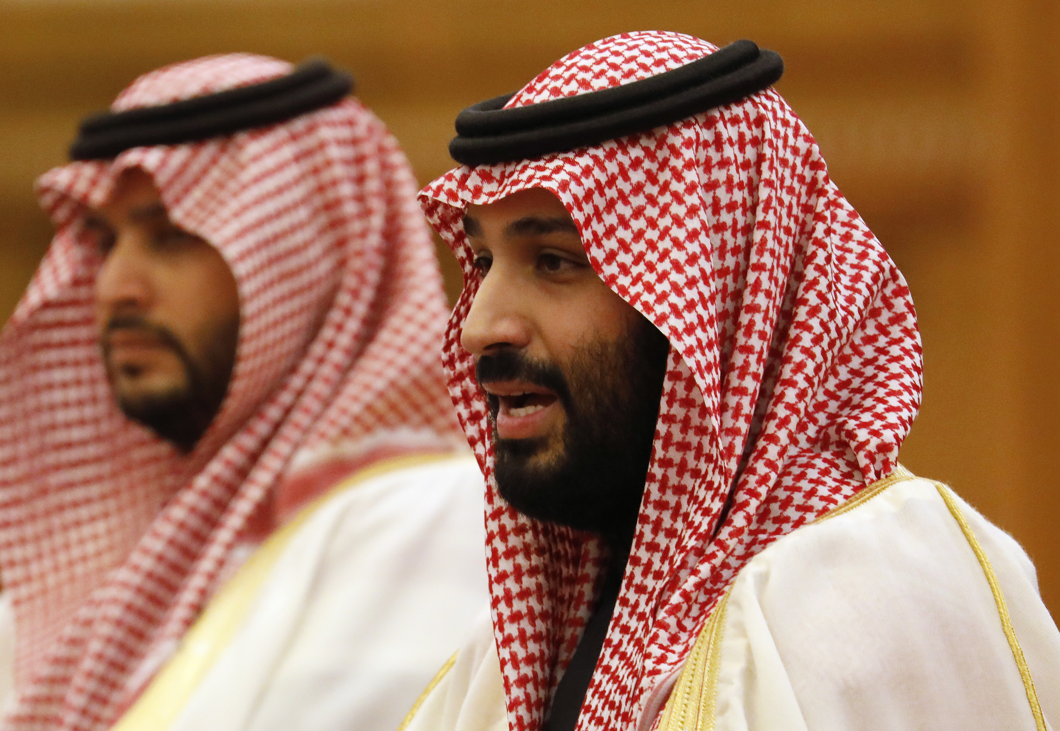 Saudi Crown Prince Mohammed bin Salman (R) attends a meeting with Chinese President Xi Jinping (not pictured) at the Great Hall of the People in Beijing on February 22, 2019.(HOW HWEE YOUNG/AFP/Getty Images)