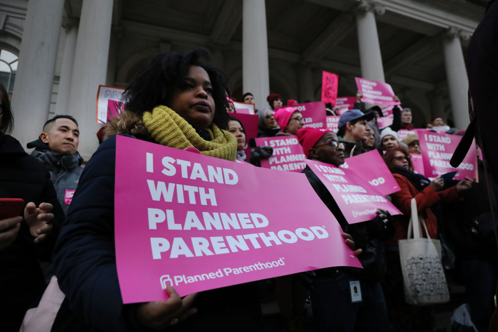 NEW YORK, NEW YORK - FEBRUARY 25: Pro-choice activists, politicians and others associated with Planned Parenthood gather for a news conference and demonstration at City Hall against the Trump administrations title X rule change on February 25, 2019 in New York City. The proposed final rule for the Title X Family Planning Program, called the “Gag Rule,” would force a medical provider receiving federal assistance to