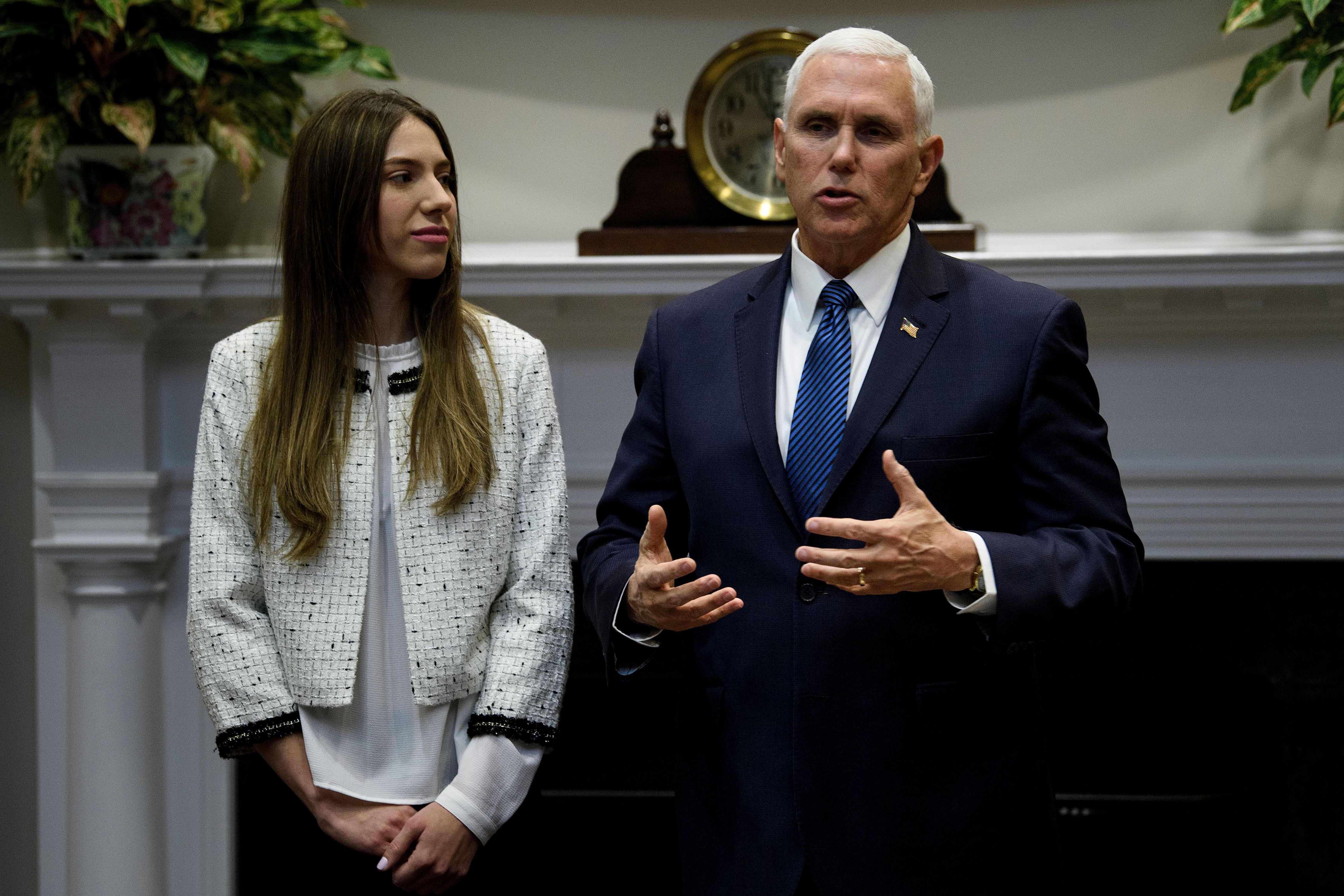 Fabiana Rosales de Guaido, wife of Venezuela's self-proclaimed interim president Juan Guaido, listens as US Vice President Mike Pence speaks before a meeting at the White House March 27, 2019, in Washington, DC. (BRENDAN SMIALOWSKI/AFP/Getty Images)