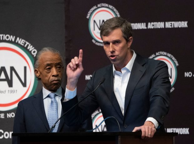 Presidential candidate Beto O'Rourke(D-TX) speaks next to Rev. Al Sharpton(L) during a gathering of the National Action Network on April 3, 2019 in New York. (Photo by Don Emmert / AFP) (Photo credit should read DON EMMERT/AFP/Getty Images)