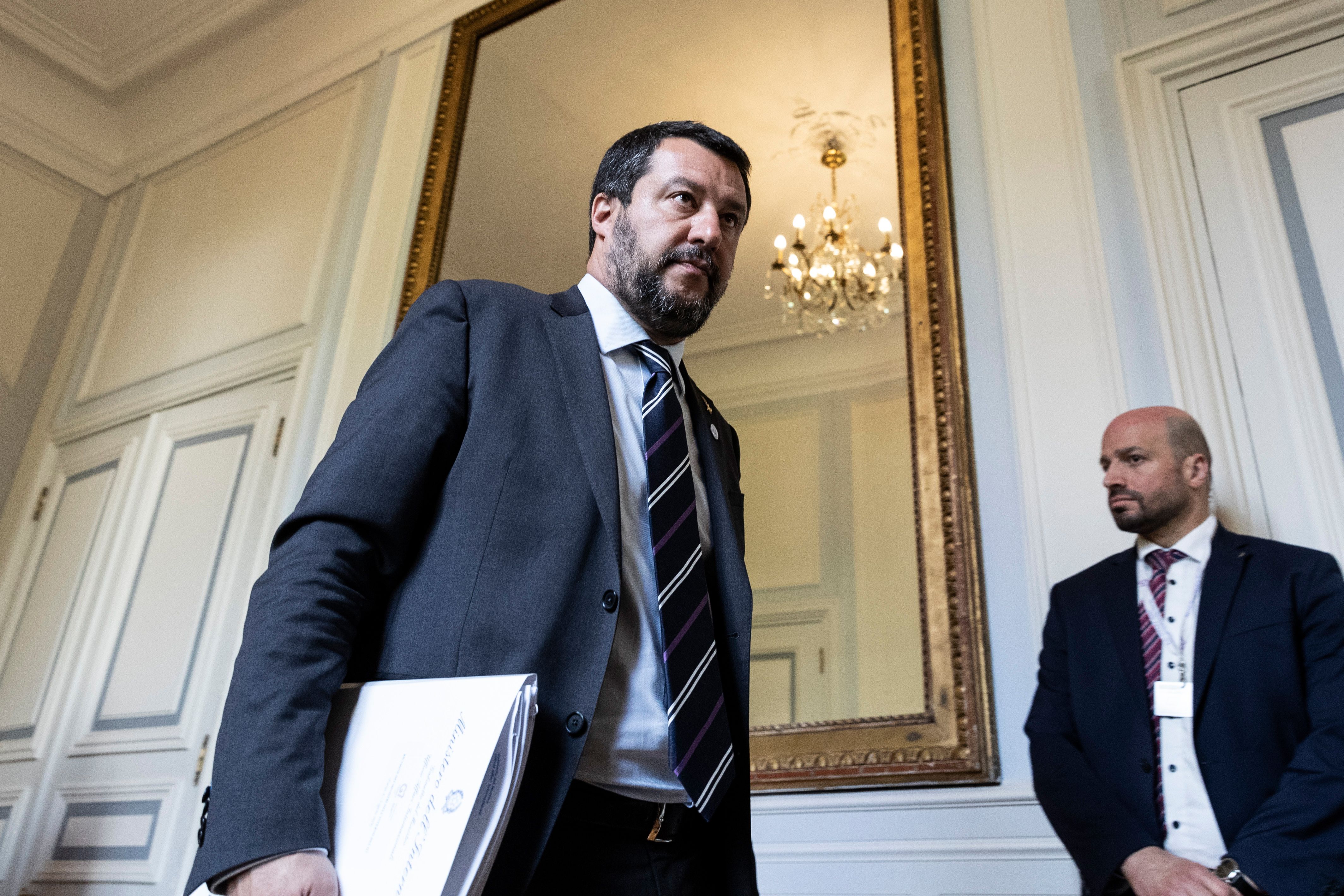 Italys Interior Minister and deputy Prime Minister Matteo Salvini (R) walks towards a meeting at the Ministry of Interior, Place Beauvau, in Paris on April 4, 2019 to prepare the G7 Summit in Biarritz which will take place from August 25 to 27, 2019. (KENZO TRIBOUILLARD/AFP/Getty Images)