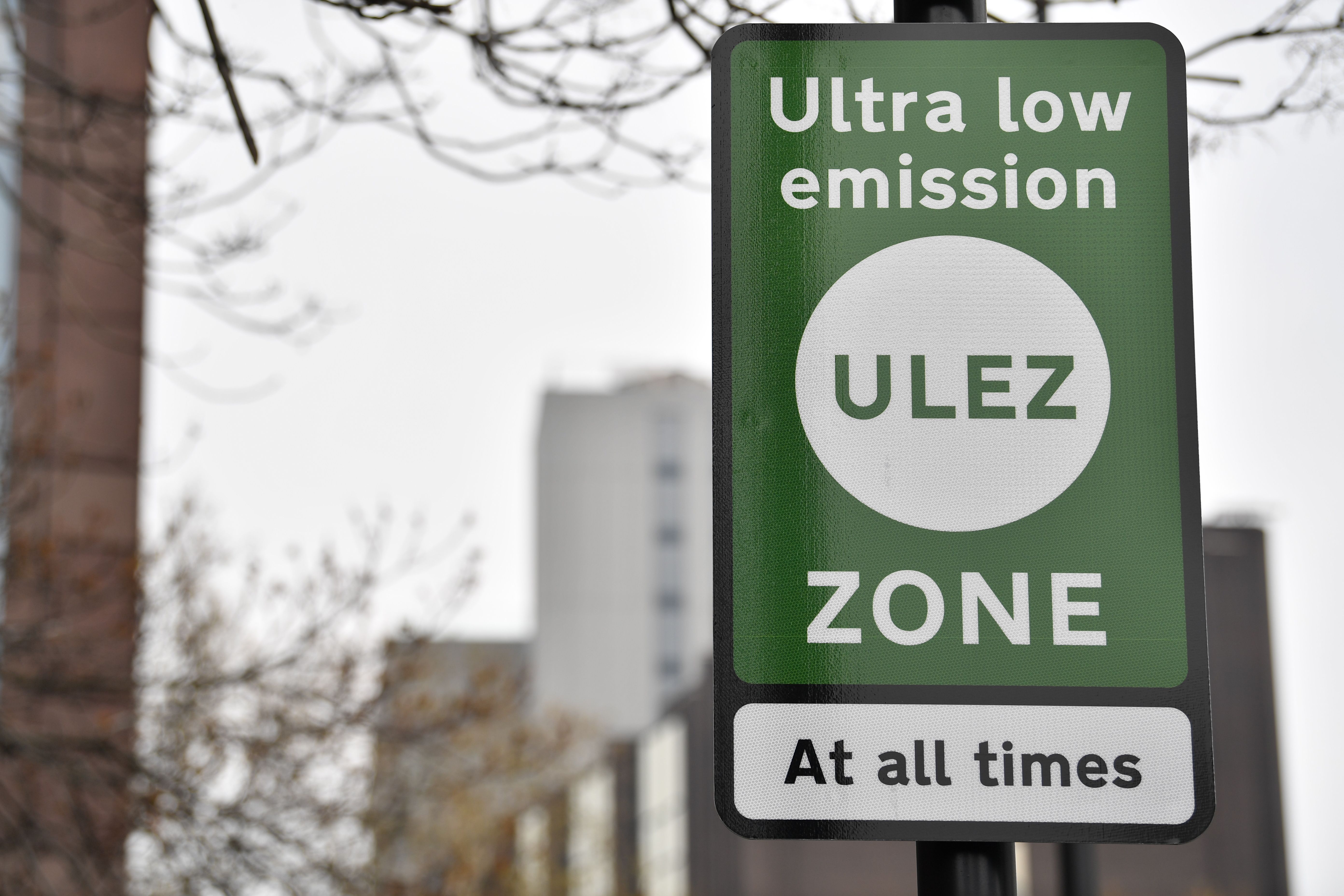 New signs for the ultra-low emission zone (Ulez) are pictured in central London on April 8, 2019. (BEN STANSALL/AFP/Getty Images)