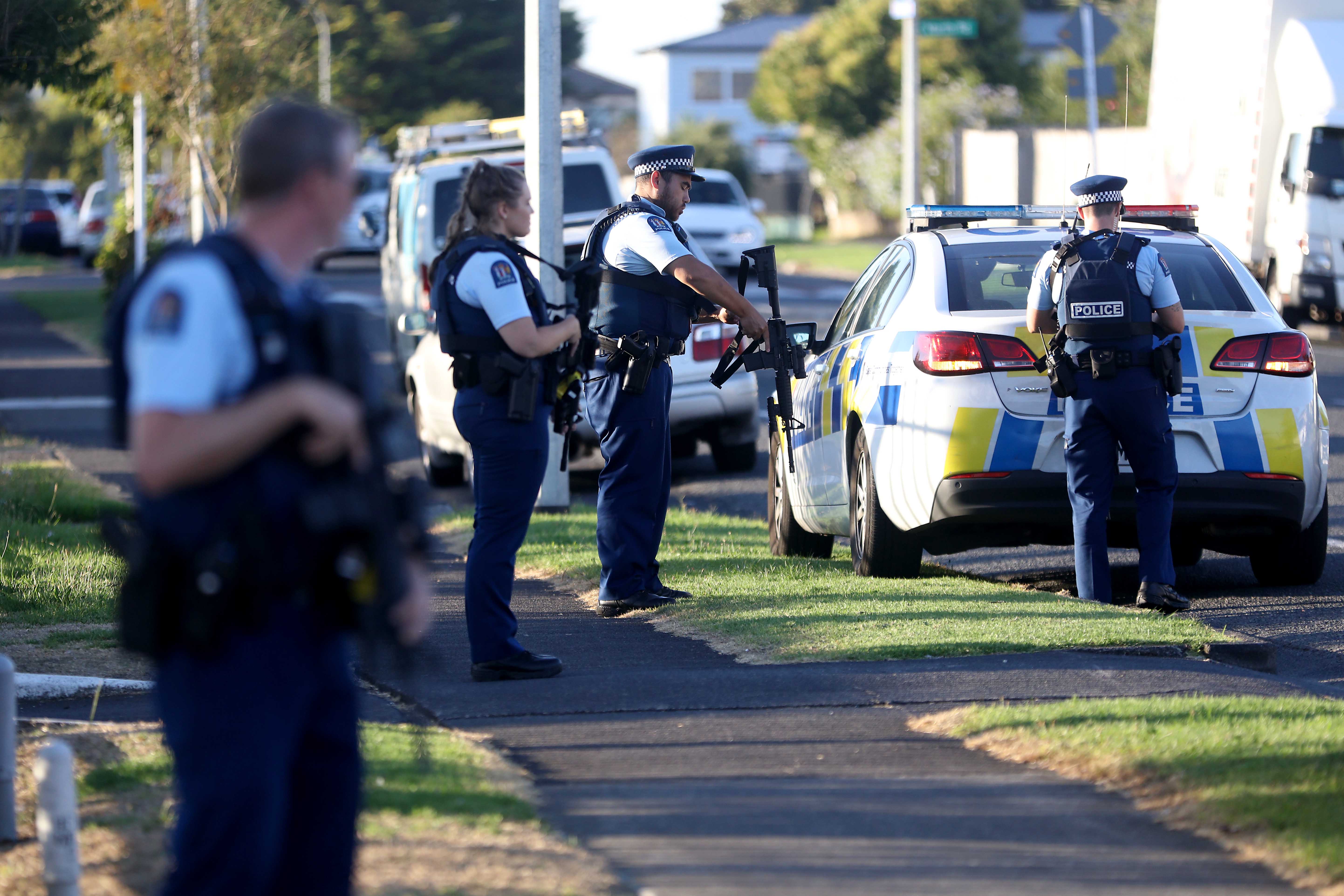 AUCKLAND, NEW ZEALAND - MARCH 15: Armed police maintain a presence outside the Masijd Ayesha Mosque in Manurewa on March 15, 2019 in Auckland, New Zealand. Four people are in custody following shootings at two mosques in Christchurch this afternoon, and the number of fatalities has yet to be confirmed. New Zealanders have been urged to not attend evening prayers today following the attacks. (Photo by Phil Walter/Getty Images)