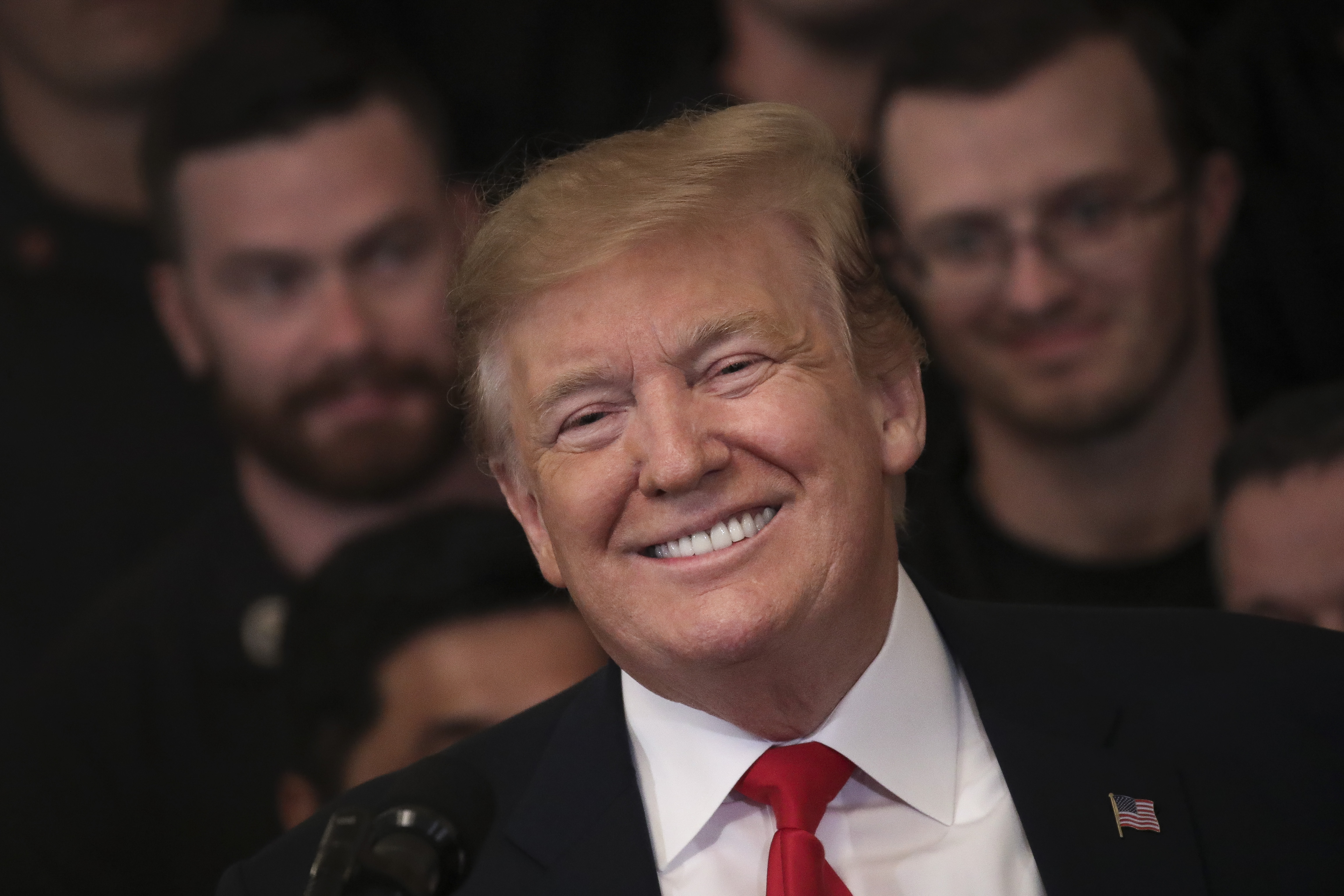 U.S. President Donald Trump smiles during an event recognizing the Wounded Warrior Project Soldier Ride in the East Room of the White House, April 18, 2019 in Washington, DC. (Photo by Drew Angerer/Getty Images)