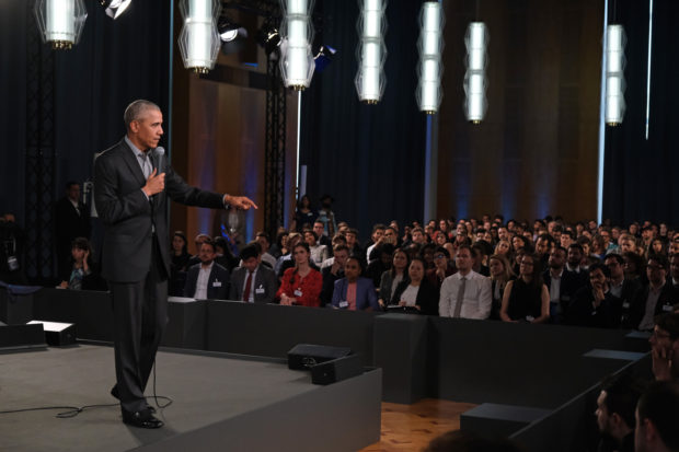 BERLIN, GERMANY - APRIL 06: Former U.S. President Barack Obama speaks to young leaders from across Europe in a Town Hall-styled session on April 06, 2019 in Berlin, Germany. Obama spoke to several hundred young people from European government, civil society and the private sector about the nitty gritty of achieving positive change in government and society. (Photo by Sean Gallup/Getty Images)
