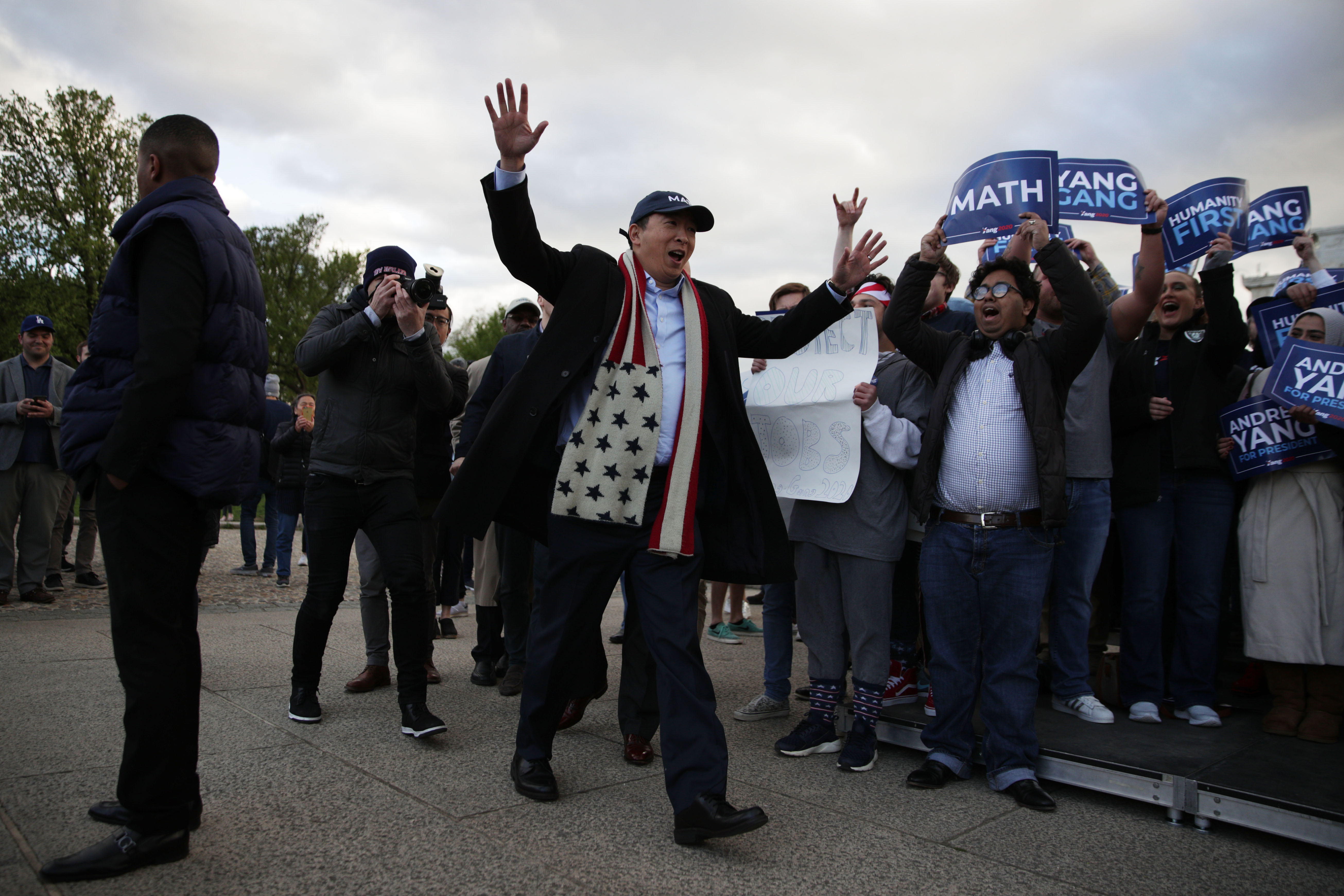 WASHINGTON, DC - APRIL 15: Democratic U.S. presidential hopeful Andrew Yang arrives at a campaign rally at the Lincoln Memorial April 15, 2019 in Washington, DC. One of Yang’s major campaign promises is a universal basic income proposal to give every American 18 years and older $1,000 every month. (Photo by Alex Wong/Getty Images)