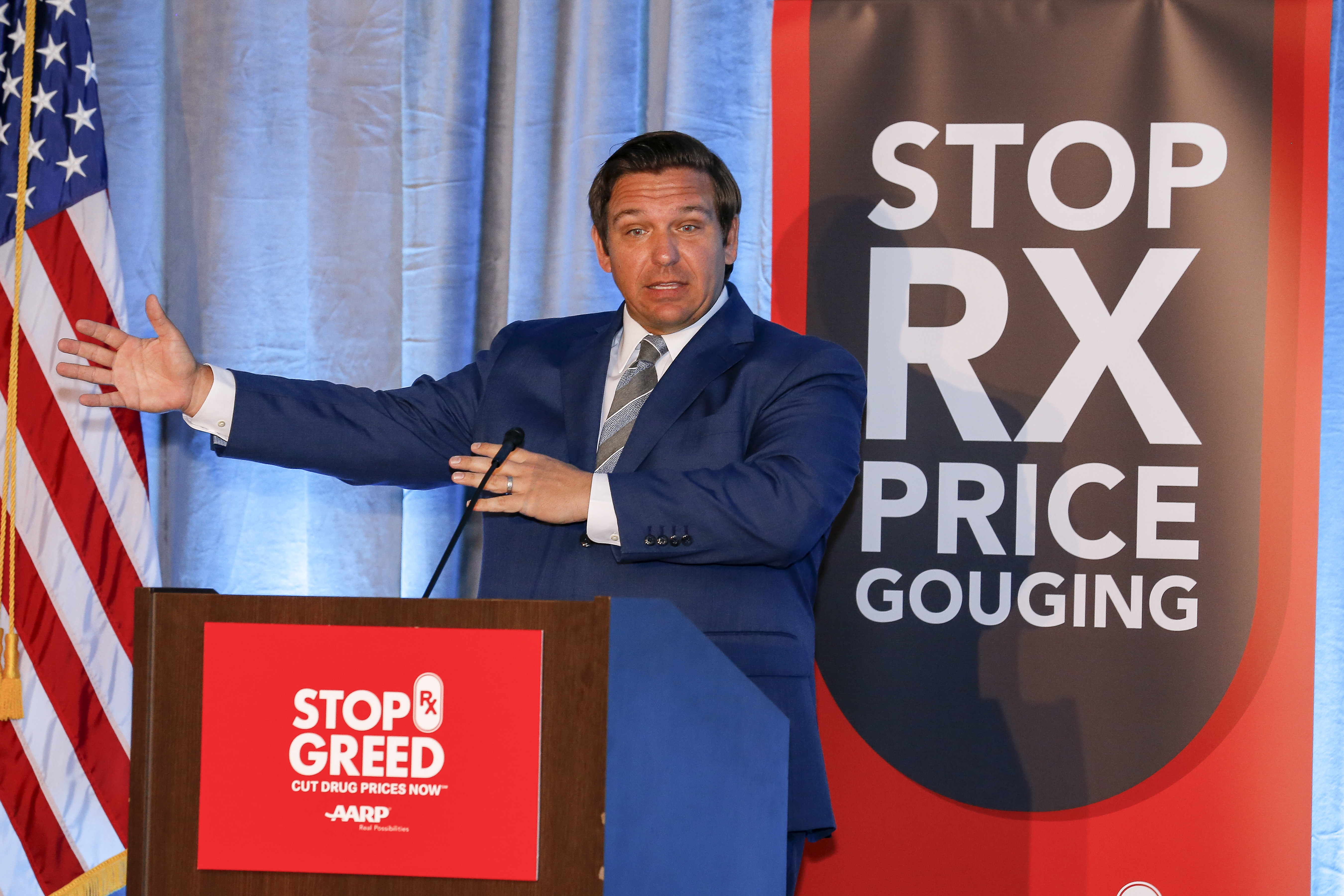 Florida Governor Ron DeSantis addresses the audience of the first of a series of "u201cWe Hear You"u201d Town Halls to hear from older Americans about how the high cost of prescription drugs is affecting them at Florida State University's Turnbull Conference Center on April 23, 2019 in Tallahassee, Florida. (Photo by Don Juan Moore/Getty Images for AARP)