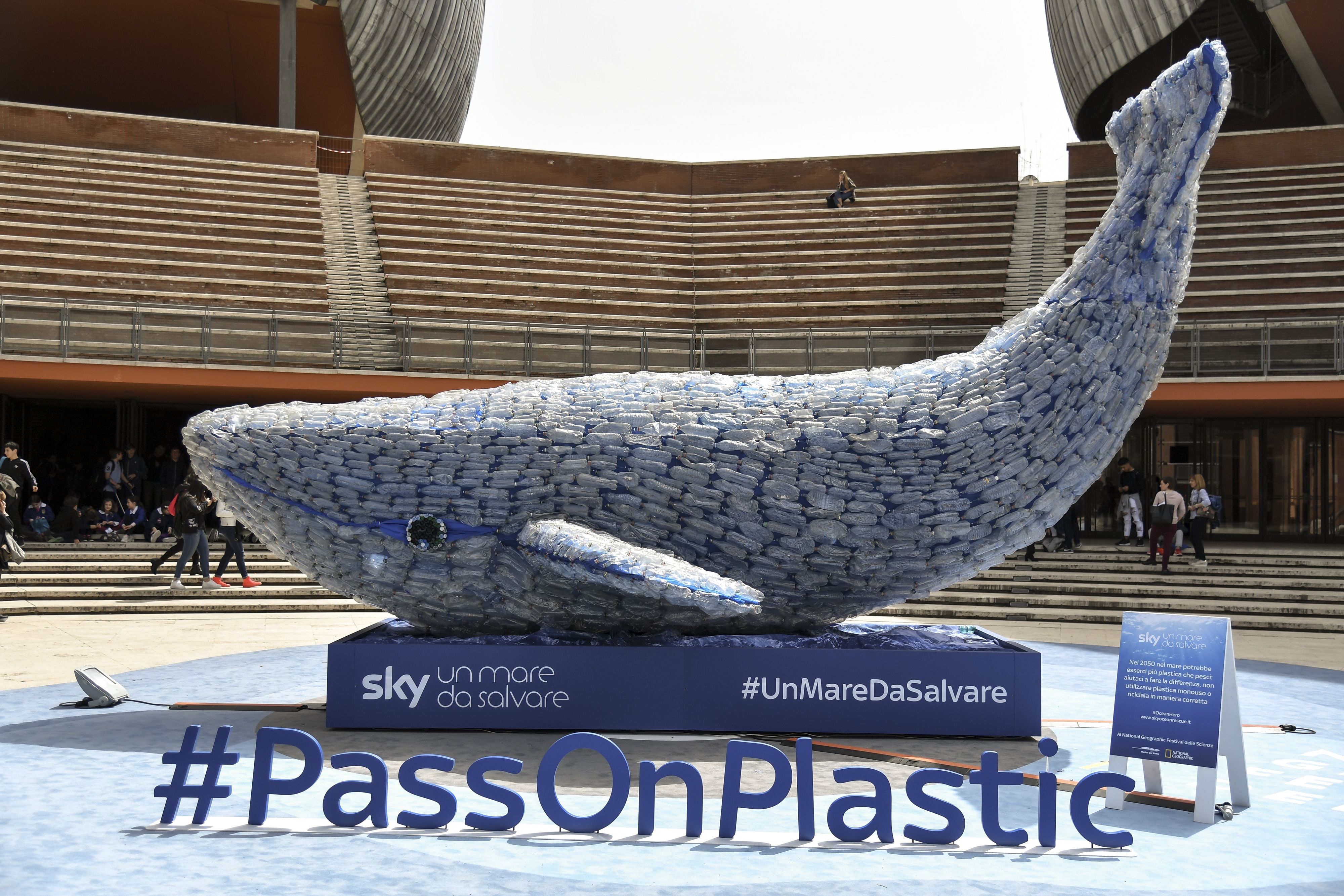 A cpiture shows "Plasticus", a 10-metre installation depicting a whale created by "Sky Ocean Rescue-A Sea to Save", and made up of 250 kg of plastic waste, in front of the Auditorium Parco della Musica in central Rome, on April 16, 2018. (ANDREAS SOLARO/AFP/Getty Images)