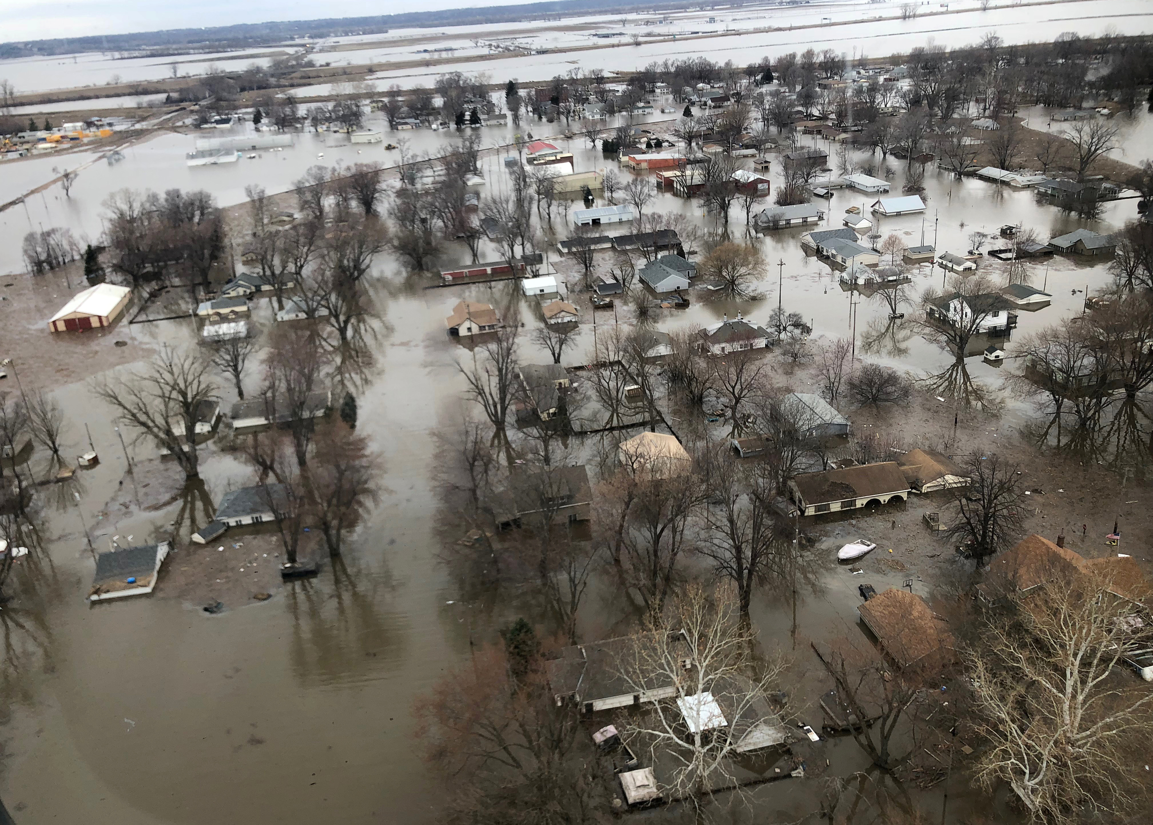 Flood damage is shown in this earial photo in Percival, Iowa, U.S., March 29, 2019. Photo taken March 29, 2019. REUTERS/Tom Polansek