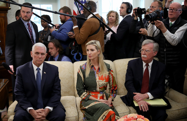 U.S. Vice President Mike Pence, Ivanka Trump and National Security Advisor John Bolton listen as U.S. President Donald Trump meets with Fabiana Rosales, the wife of Venezuelan opposition leader Juan Guaido, in the Oval Office of the White House March 27, 2019 in Washington, DC. Trump and Rosales met to discuss recent developments in Venezuela.(Photo by Win McNamee/Getty Images)