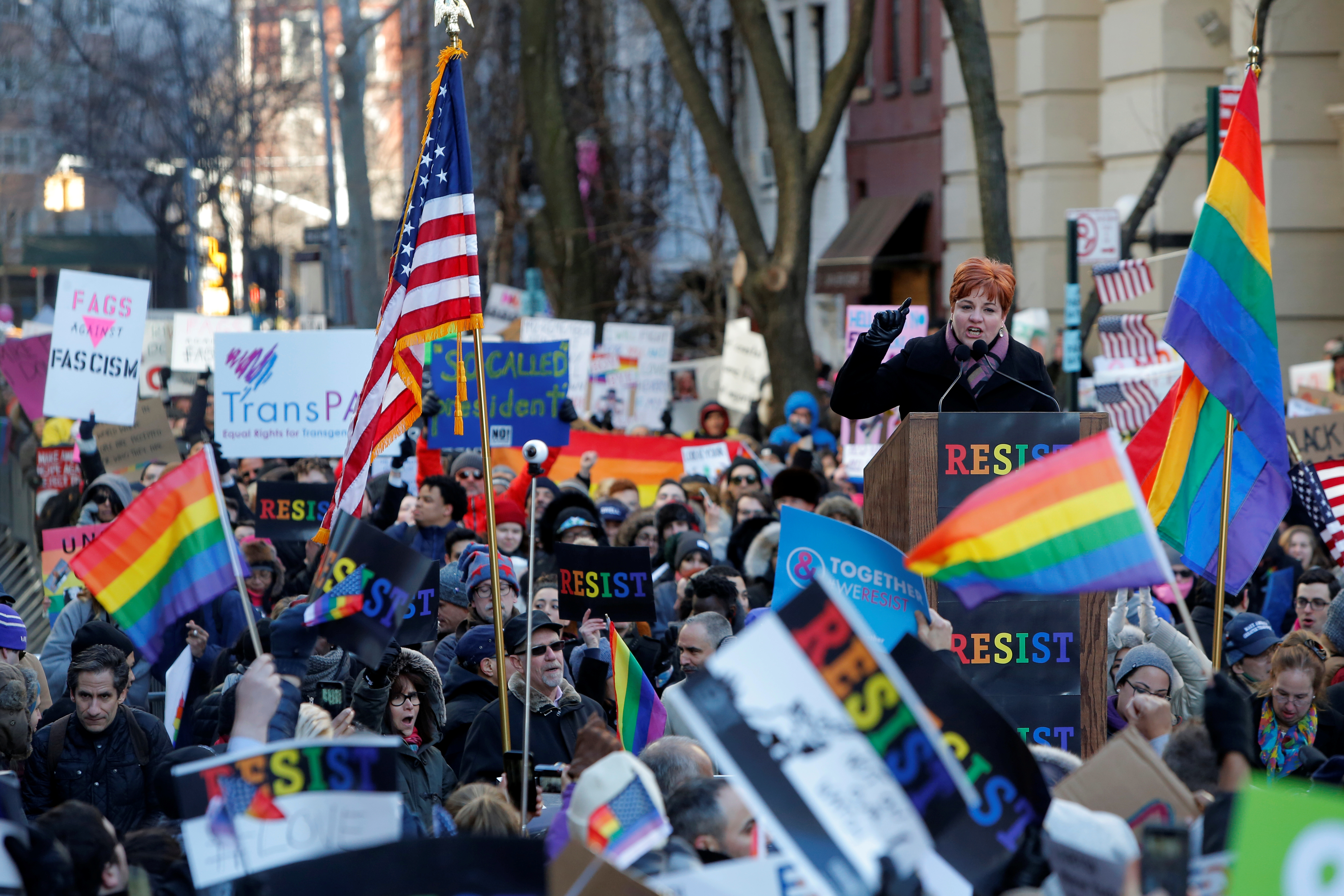 Former Speaker of the New York City Council Christine Quinn addresses attendees during a gathering of the LGBTQ community and supporters protesting U.S. President Donald Trump's agenda in Manhattan, New York, U.S., February 4, 2017. REUTERS/Andrew Kelly - RC1CBED31C90