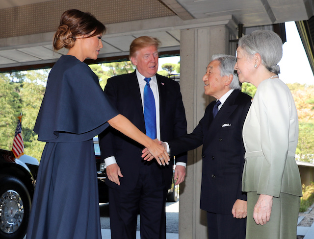U.S. President Donald Trump, second left, and First Lady Melania Trump, ...Imperial Palace Monday, Nov. 6, 2017 in Tokyo.REUTERS/Eugene Hoshiko/Pool