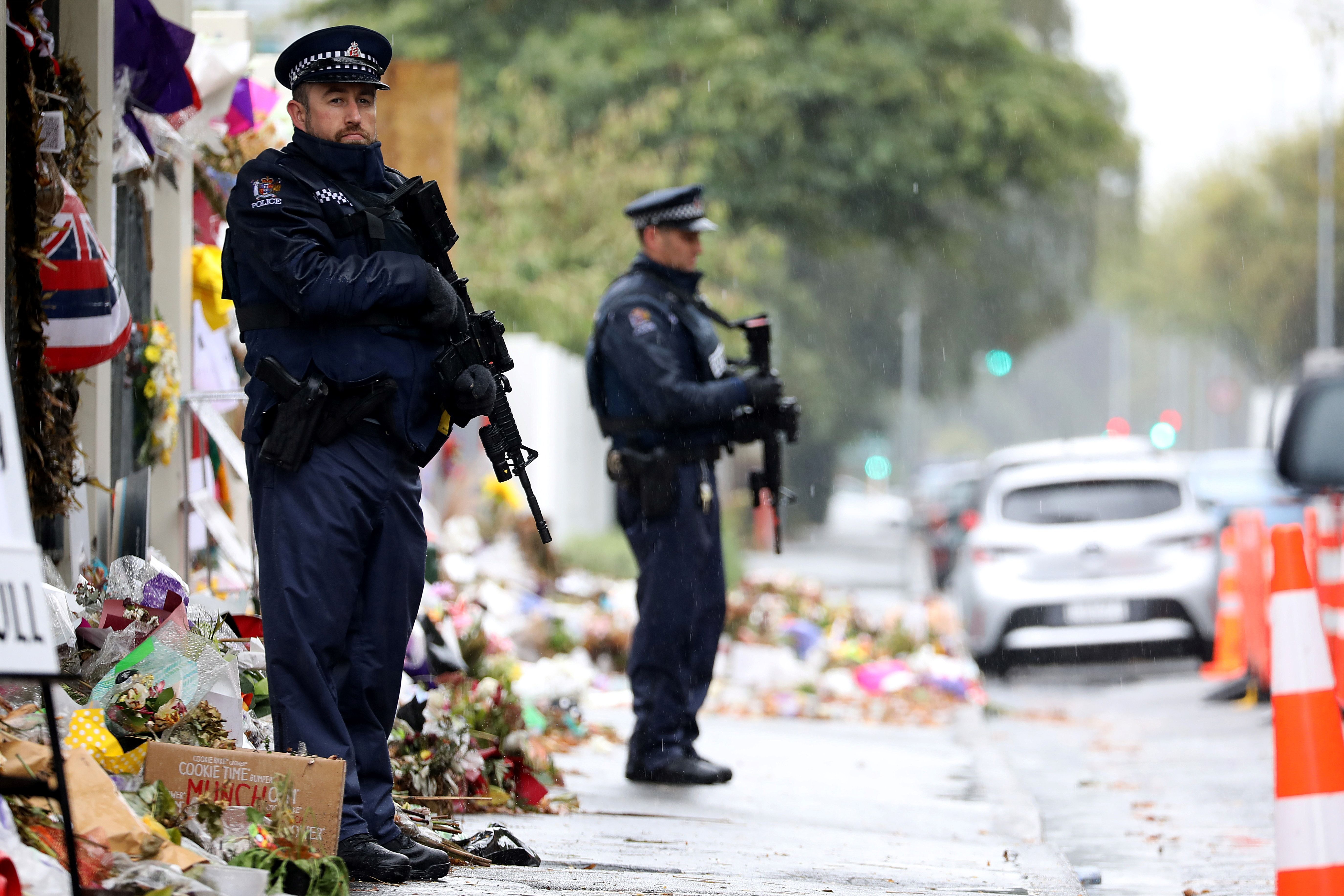 Armed police officers stand guard outside the Al Noor mosque, one of the mosques where some 50 people were killed by a self-avowed white supremacist gunman on March 15, in Christchurch on April 5, 2019. (SANKA VIDANAGAMA/AFP/Getty Images)
