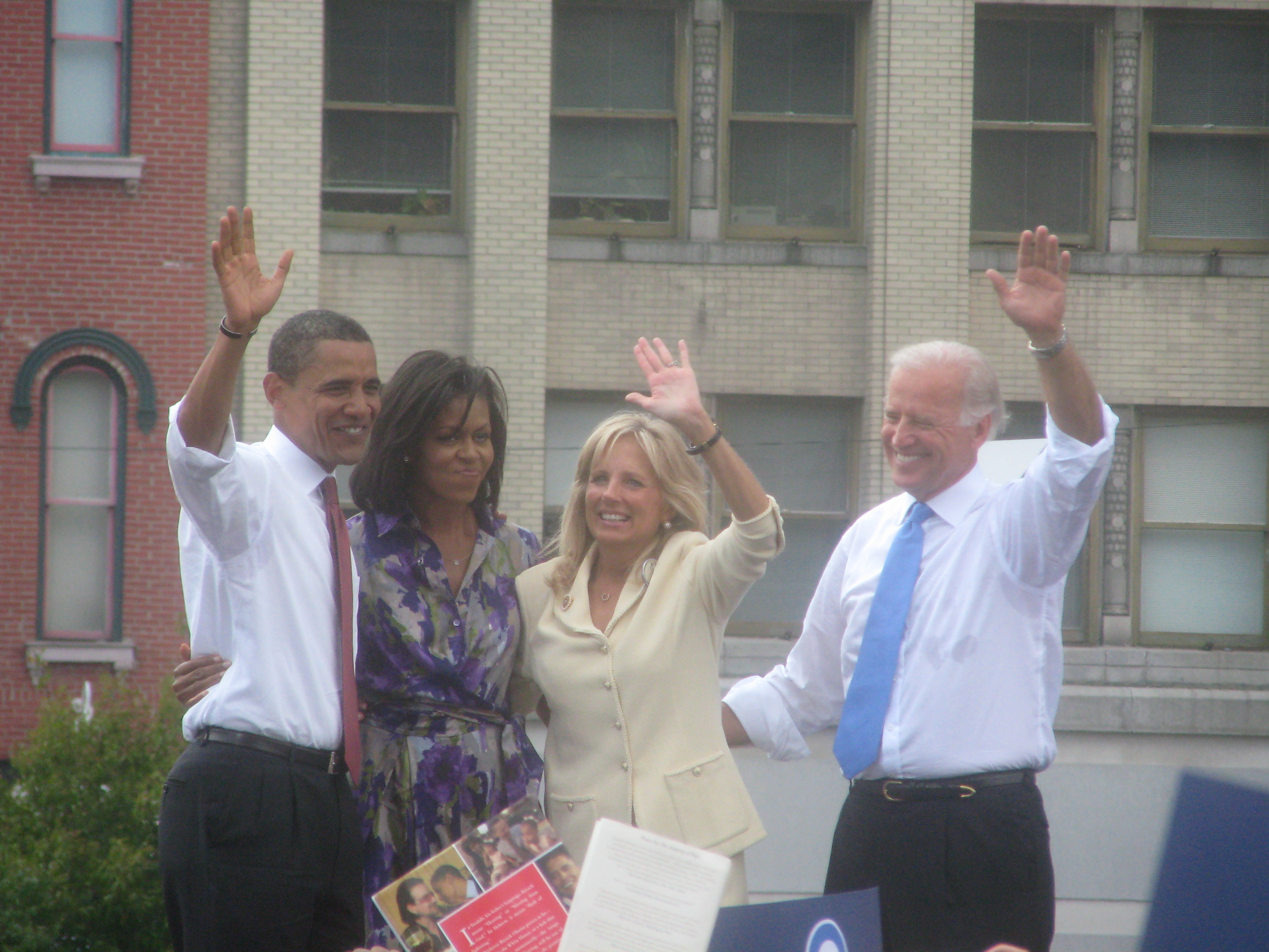 Barack and Michelle Obama, Jill and Joe Biden at the Barack Obama-Joe Biden United States Vice Presidential announcement in Springfield, Illinois Photo by TonyTheTiger Creative Commons