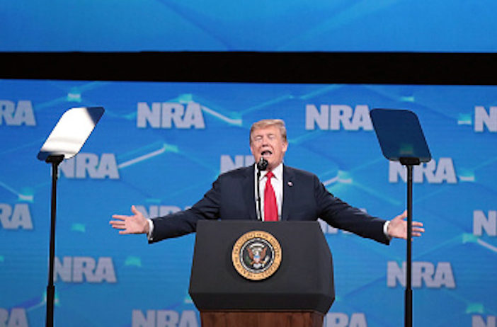INDIANAPOLIS, INDIANA - APRIL 26: US President Donald Trump speaks to guests at the NRA-ILA Leadership Forum at the 148th NRA Annual Meetings & Exhibits on April 26, 2019 in Indianapolis, Indiana. The convention, which runs through Sunday, features more than 800 exhibitors and is expected to draw 80,000 guests. (Photo by Scott Olson/Getty Images)