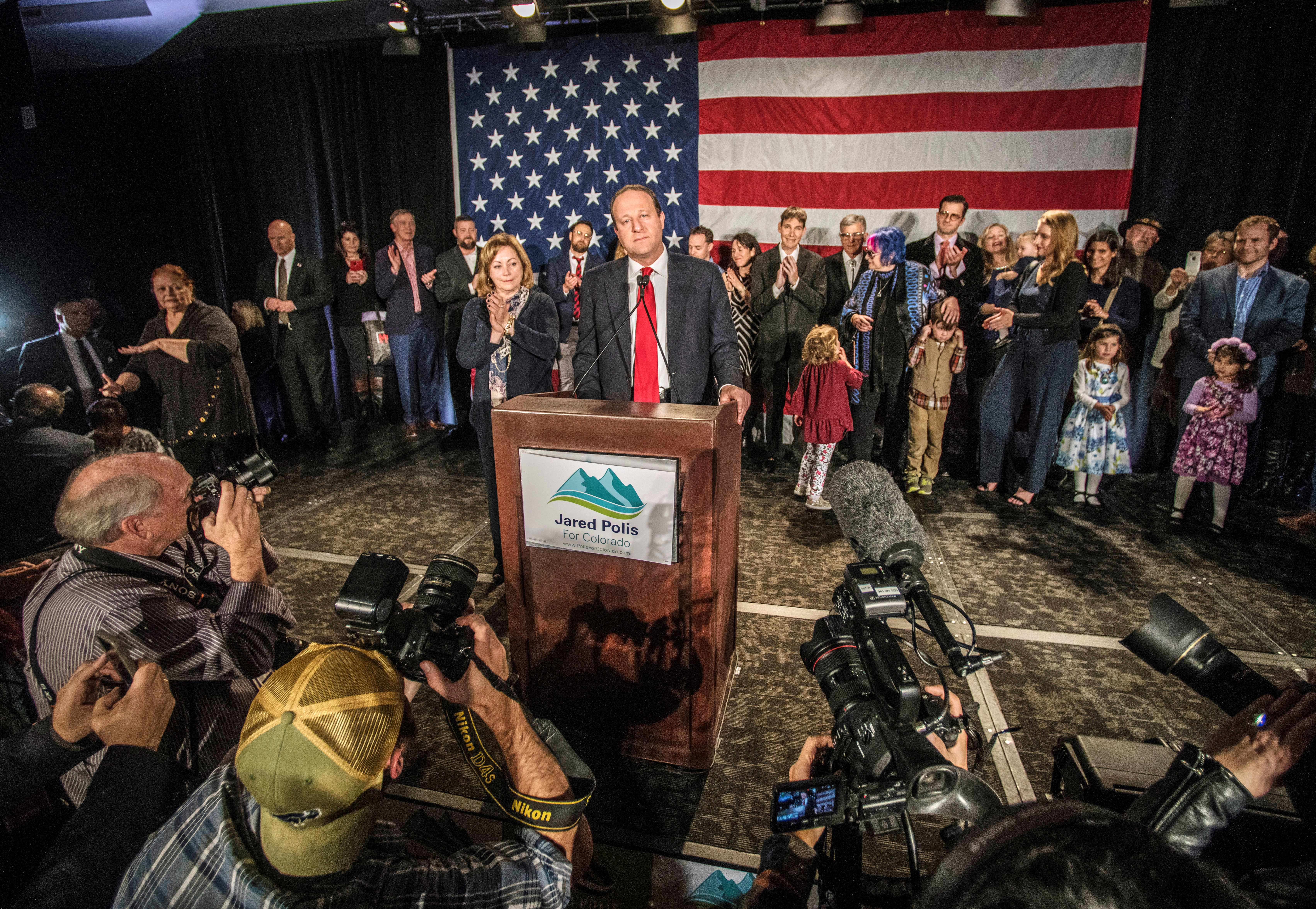 Democratic gubernatorial candidate Jared Polis speaks at his midterm election night party in Denver