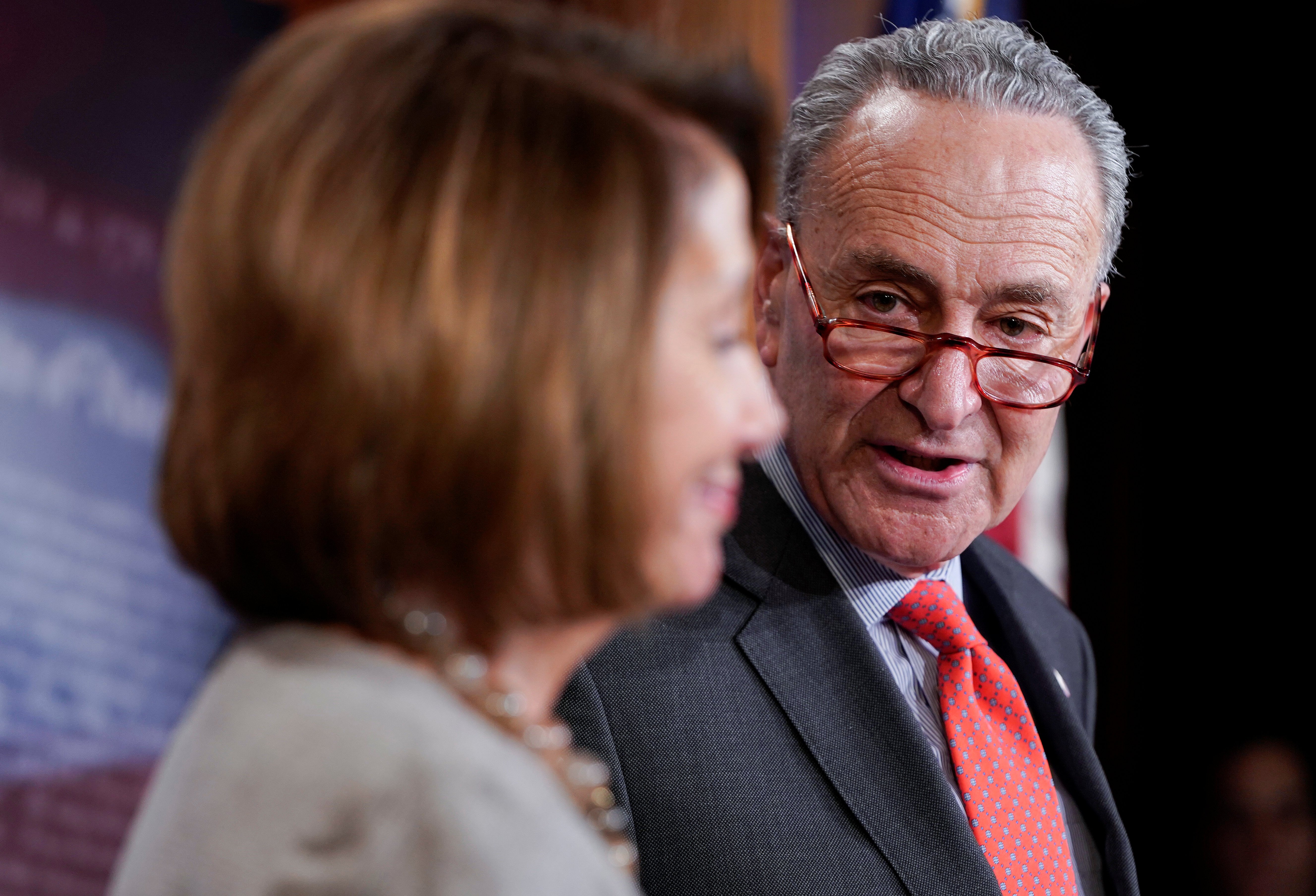 Democratic Congressional leaders Pelosi and Schumer speak after deal was reached to end partial government shutdown in Washington